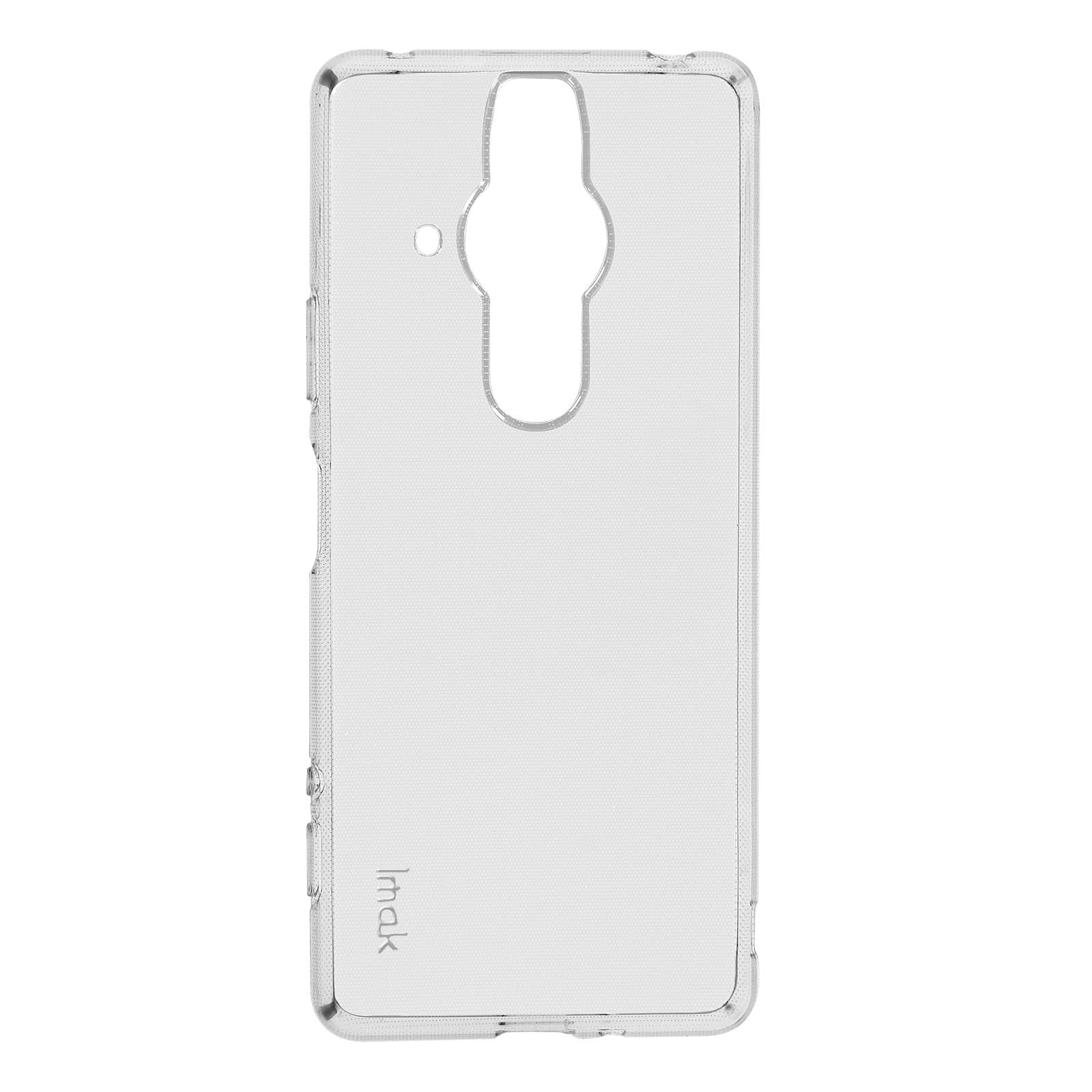 Custodia trasparente per telefono. Ha un ritaglio per la fotocamera. Sfondo bianco. Marchio 'imak'.
