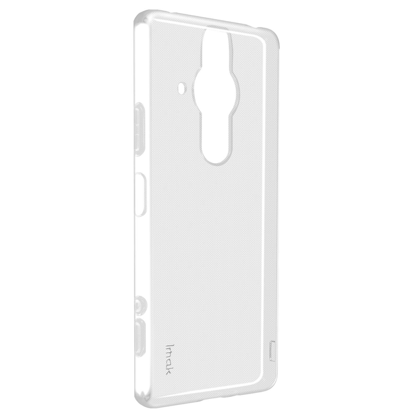 Custodia trasparente per telefono. Ha ritagli per fotocamera e pulsanti. Etichetta imak.
