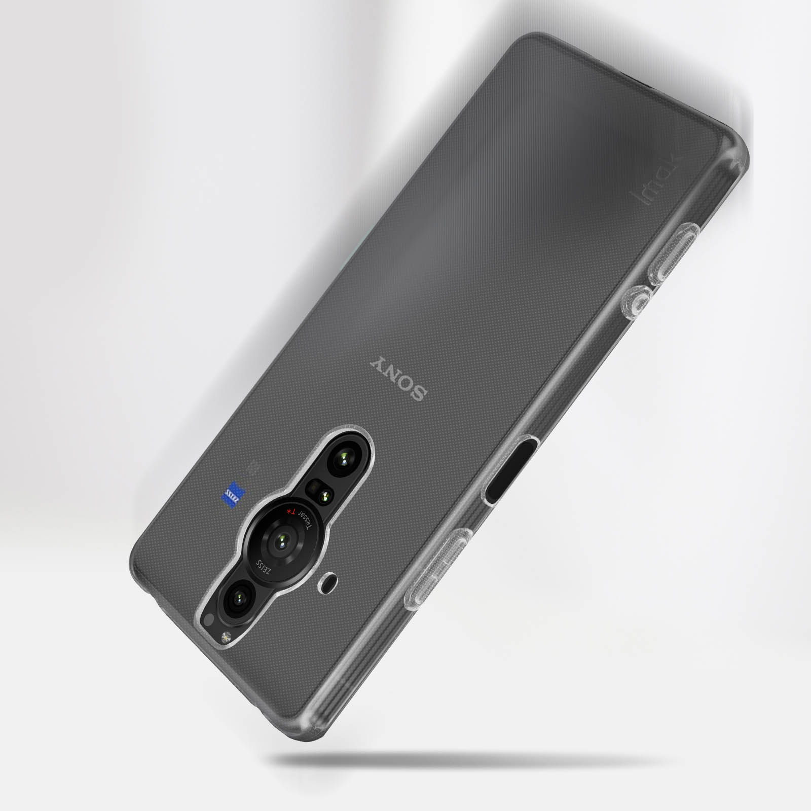 Custodia grigia con logo Sony, che copre un telefono.