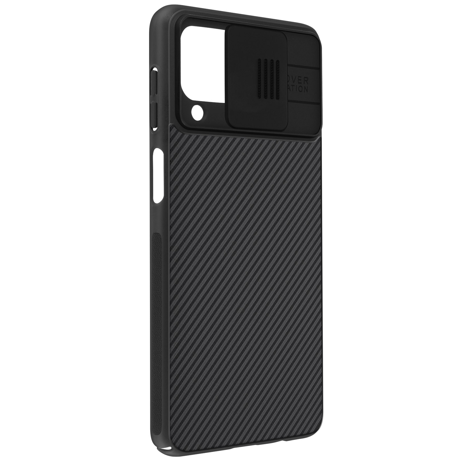 Una custodia per telefono nera con uno slot per la fotocamera. La custodia ha una texture a coste.