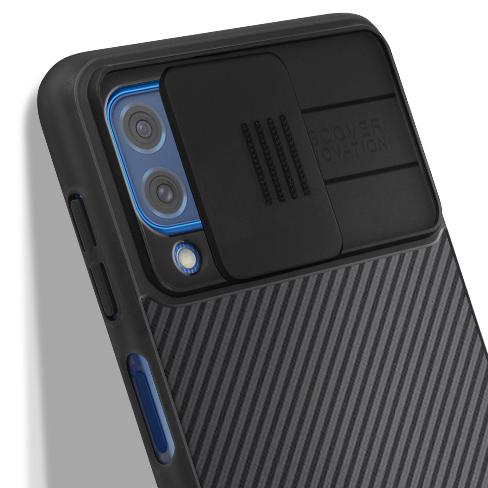 Custodia nera per telefono con copertura fotocamera. Superficie strutturata con otturatore scorrevole.