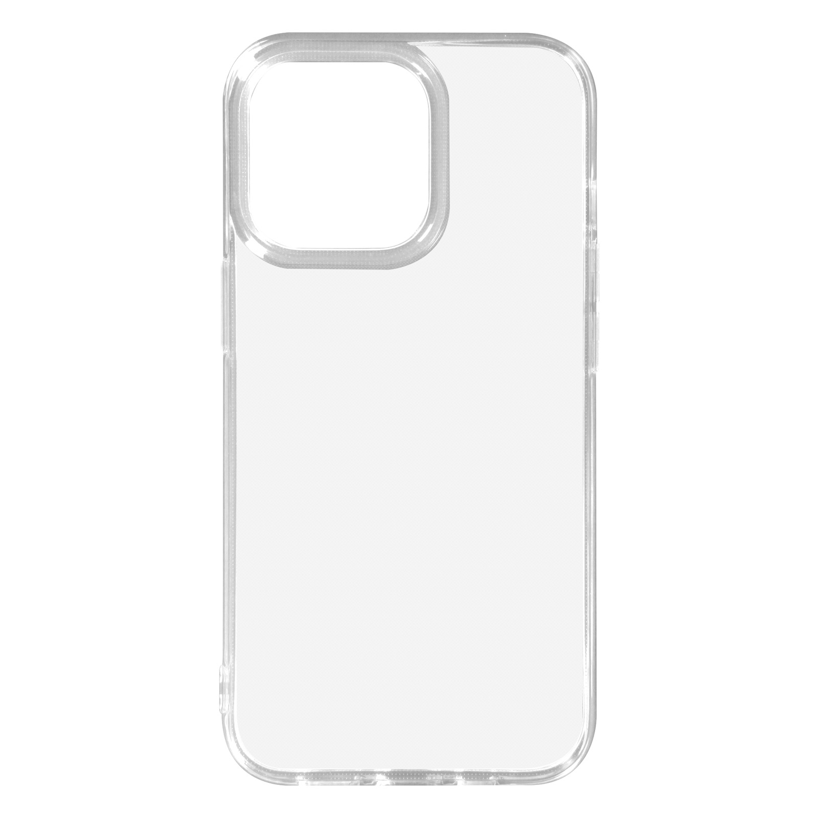 Custodia trasparente per iPhone. Mostra l'intaglio della fotocamera. Trasparente, semplice. Bianco.