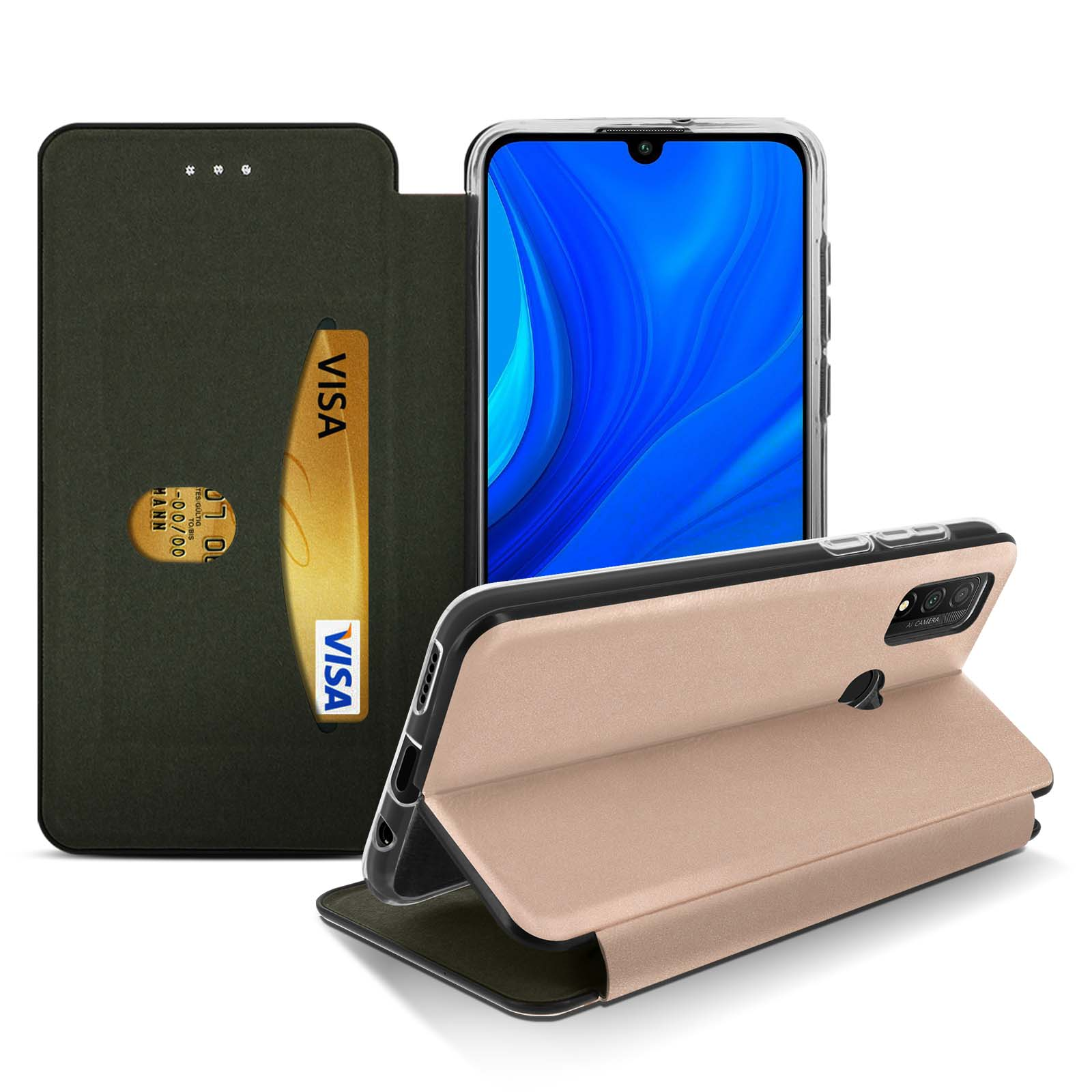 Handyhülle mit Telefon und Kreditkarte auf weißem Hintergrund.