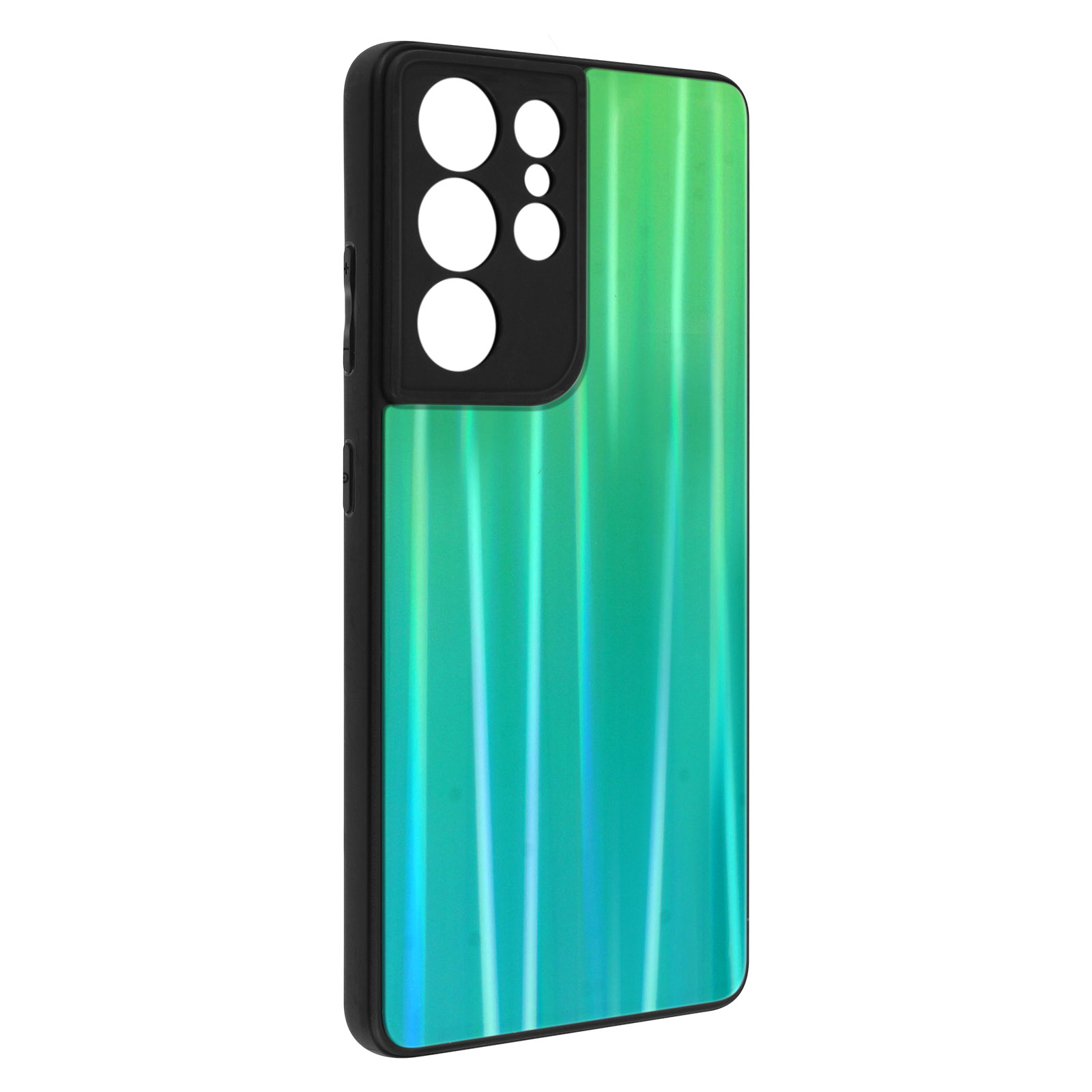 Custodia per telefono con sfumatura verde e blu, con ritaglio nero per fotocamera e cornice nera.