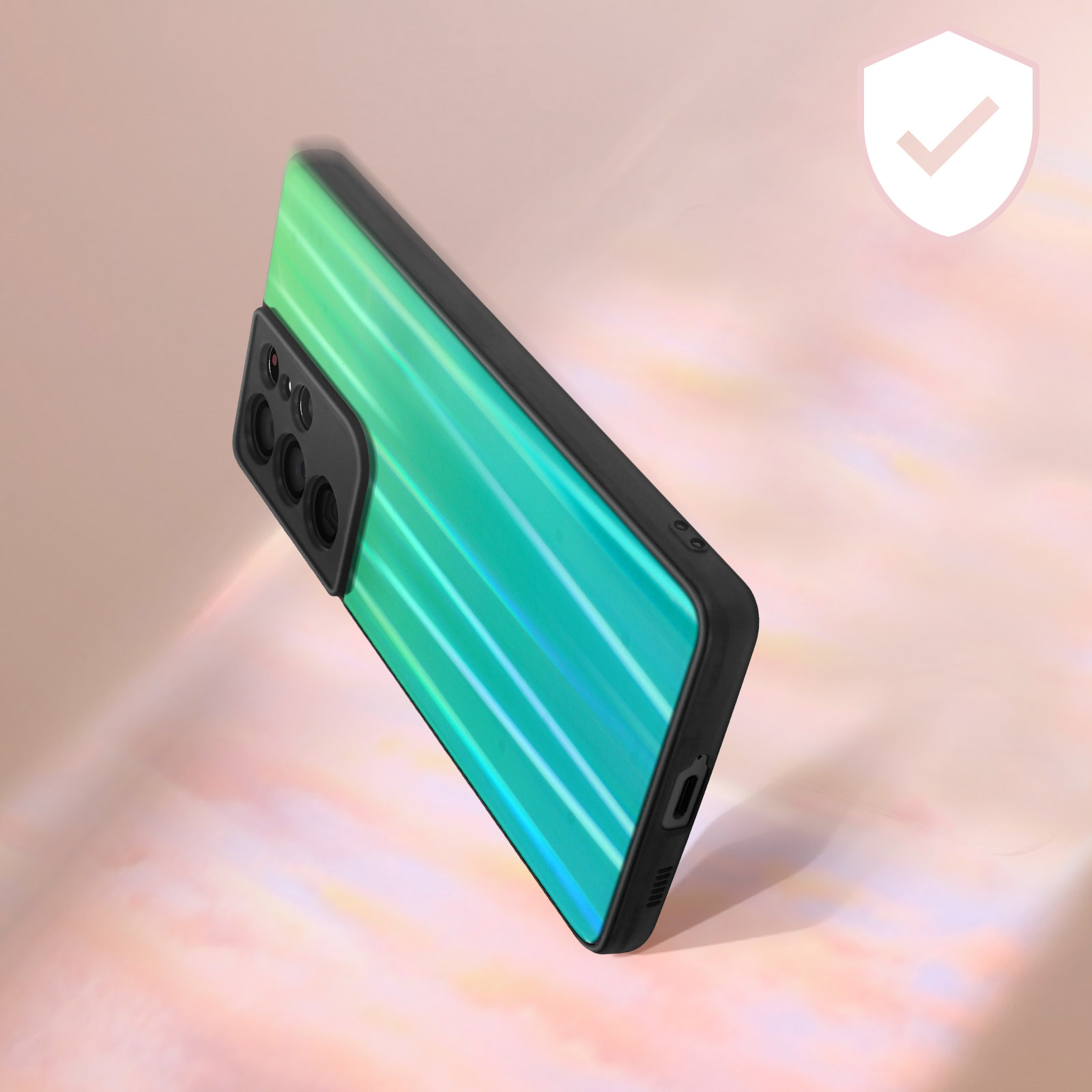 Custodia per telefono a righe verdi e blu con bordo nero, con un segno di spunta.