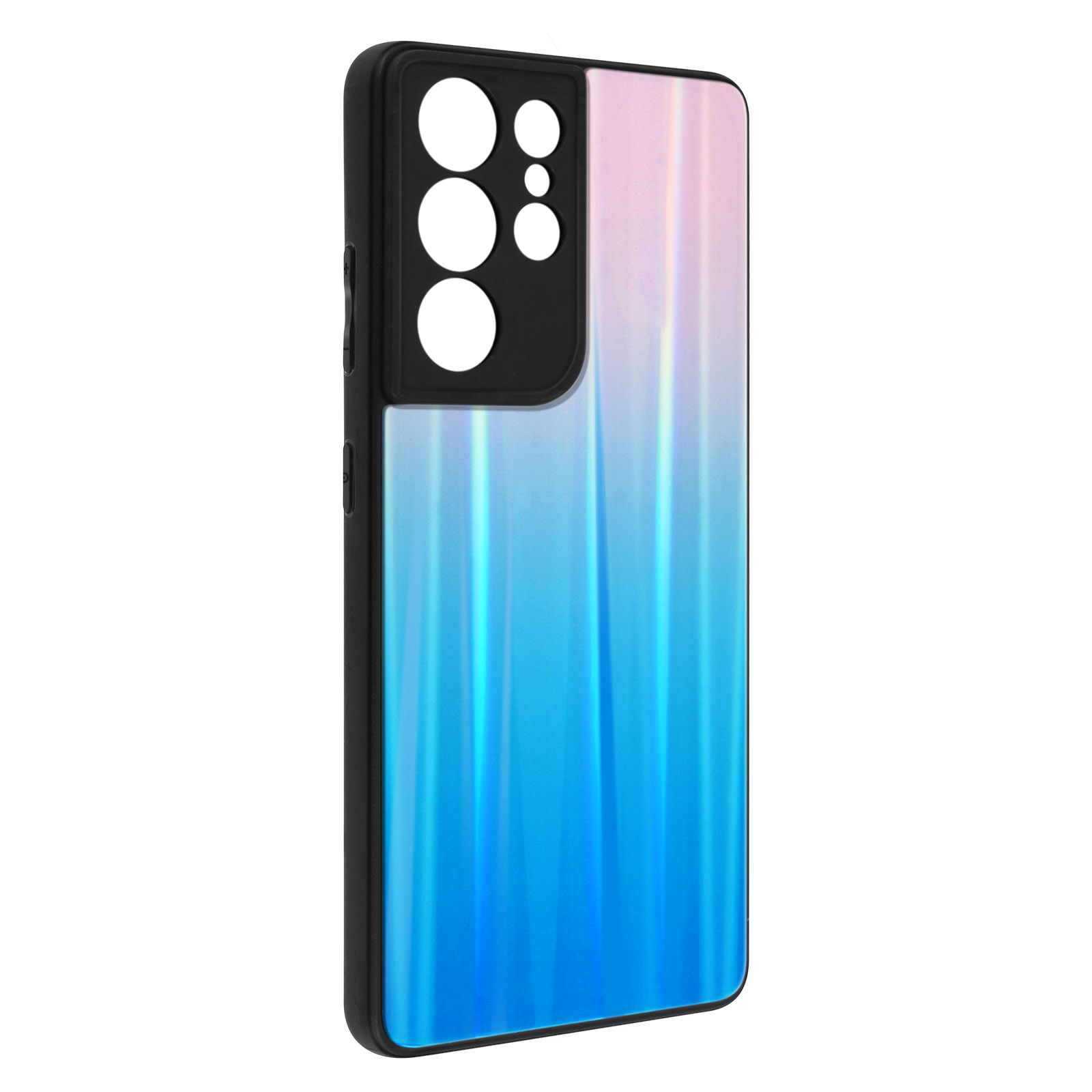 Una custodia per telefono con un gradiente di rosa e blu, con ritagli neri per la fotocamera.