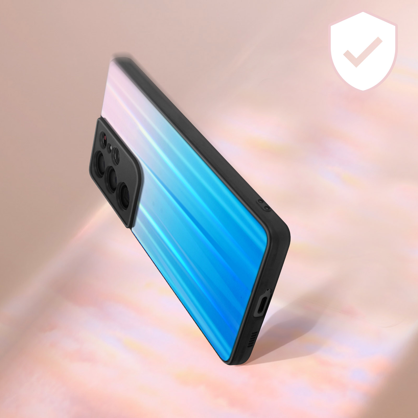 Custodia per telefono nera, blu e bianca sfumata. Con modulo fotocamera nero e segno di spunta bianco.