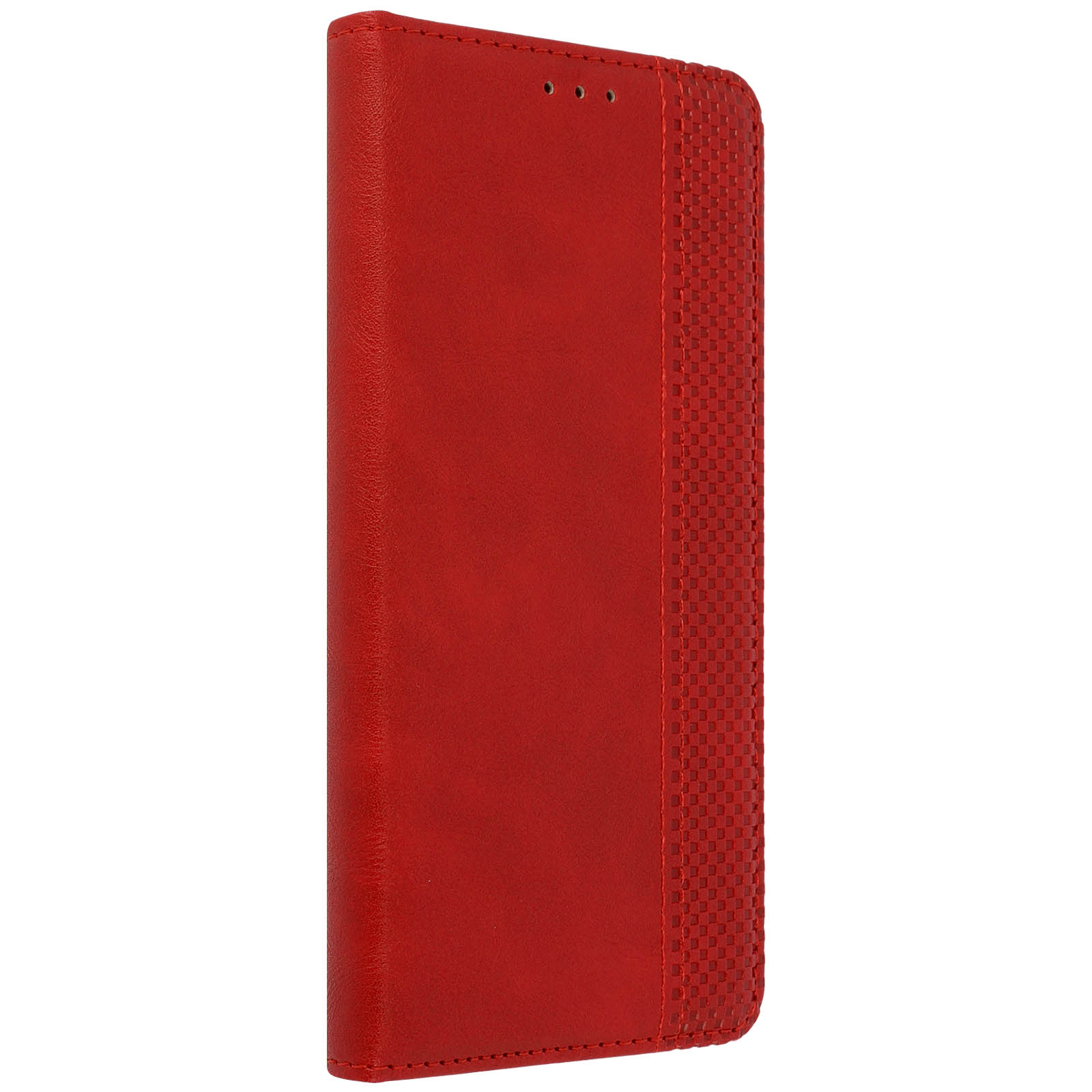 Funda de teléfono roja, cerrada. El teléfono está en la funda. La funda tiene un diseño texturizado.