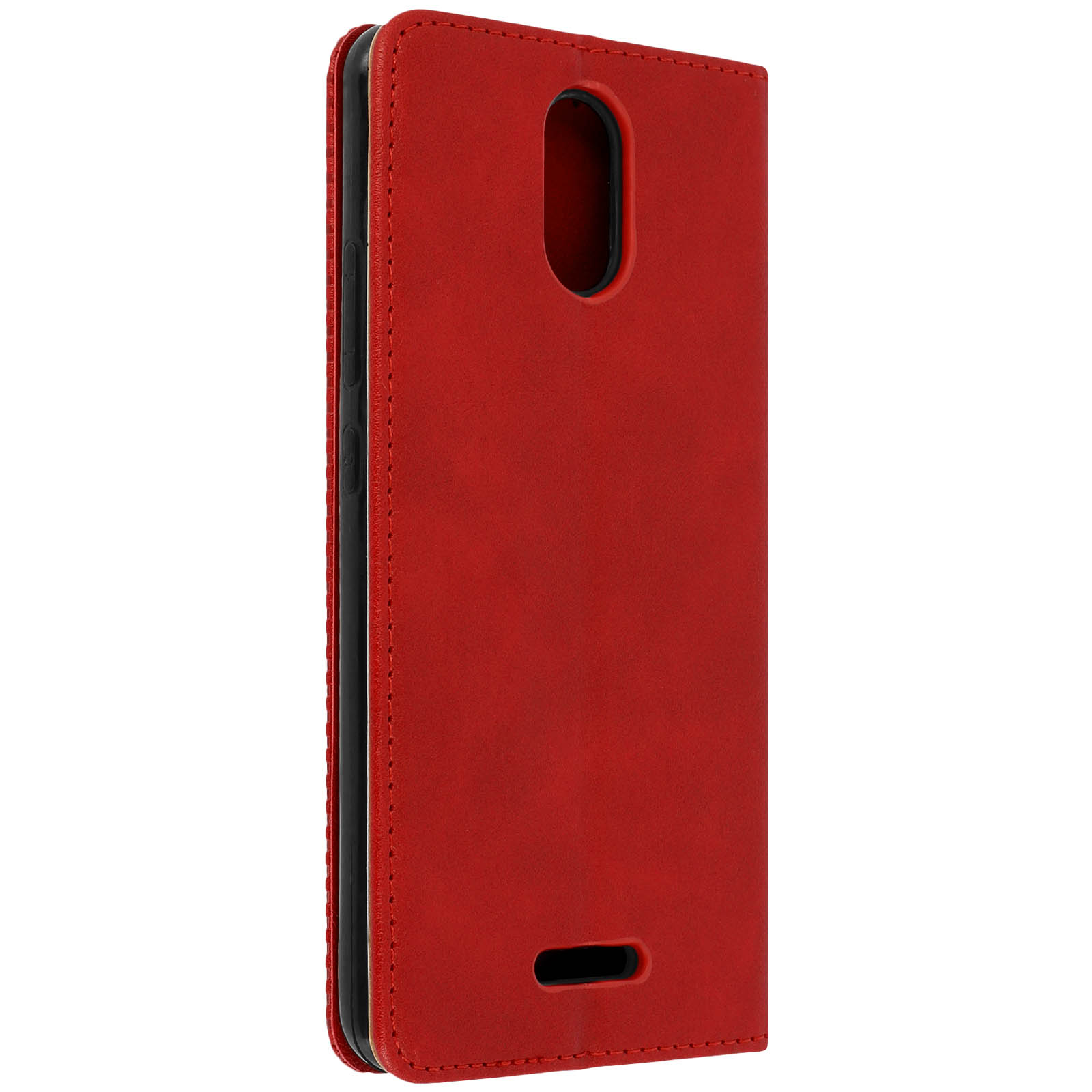 Funda de teléfono roja con agujero circular y rectangular. Interior negro. Fondo blanco.