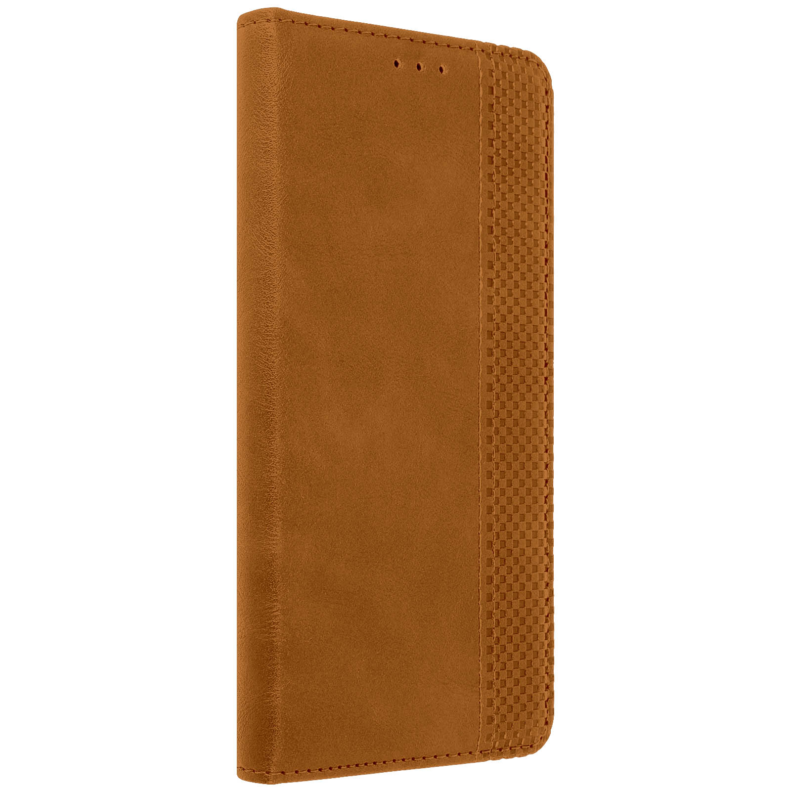 Funda de teléfono de cuero marrón. Tiene un diseño de tejido texturizado en un lado. Fondo blanco.