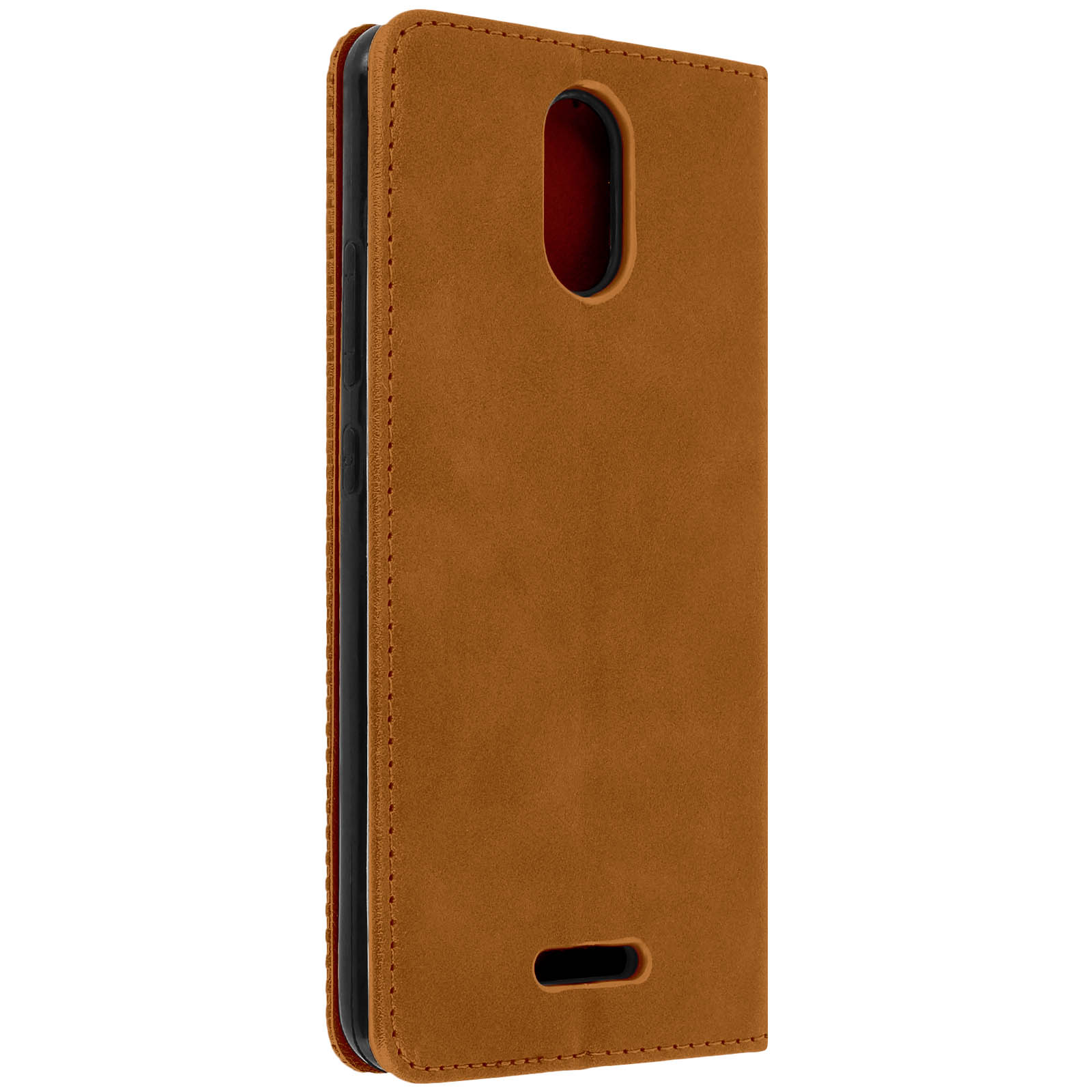 Una funda de teléfono marrón en posición abierta.