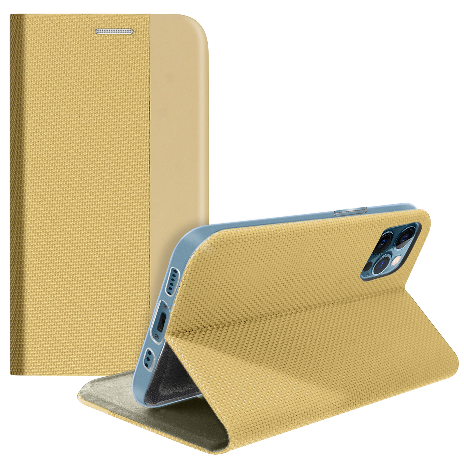 Goldene Handyhülle, geöffnet, Telefon zeigend. Blaues Telefoninnere. Strukturierte Oberfläche, Standfunktion.