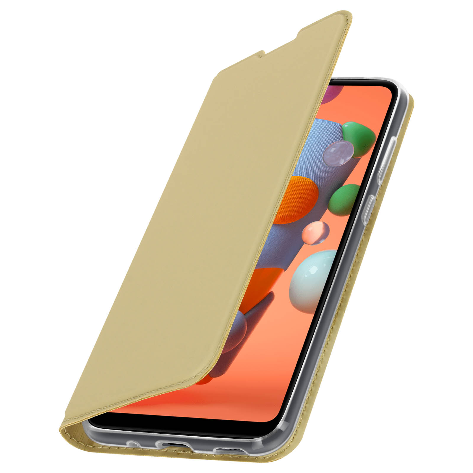 Smartphone in custodia dorata, parzialmente aperto. Lo schermo mostra macchie colorate.