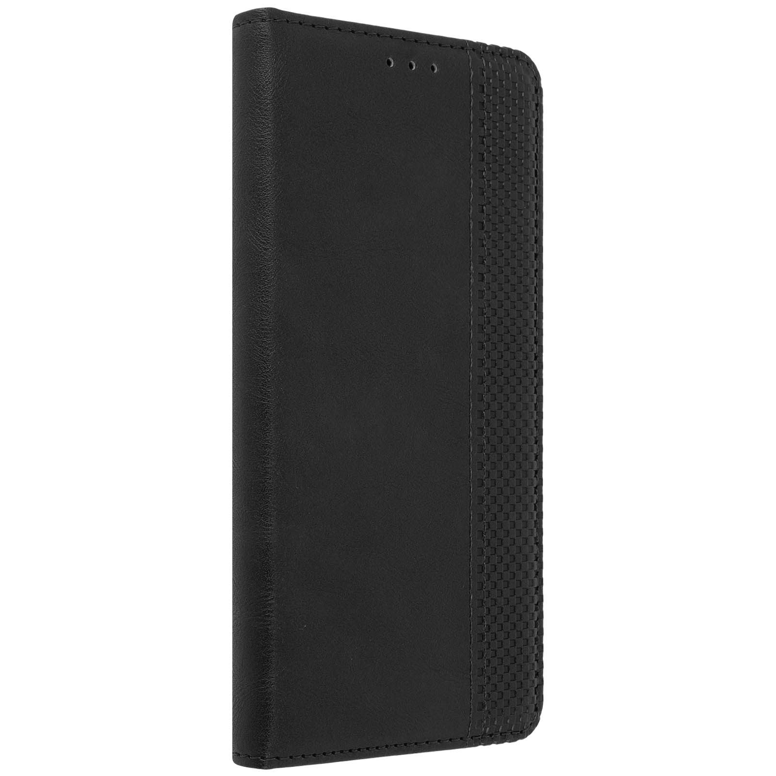 Funda negra para teléfono con frente texturizado. La funda está de pie.
