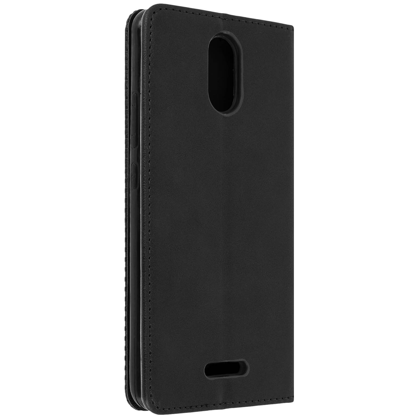 Una funda de teléfono negra con una cubierta frontal cerrada sobre una superficie blanca.