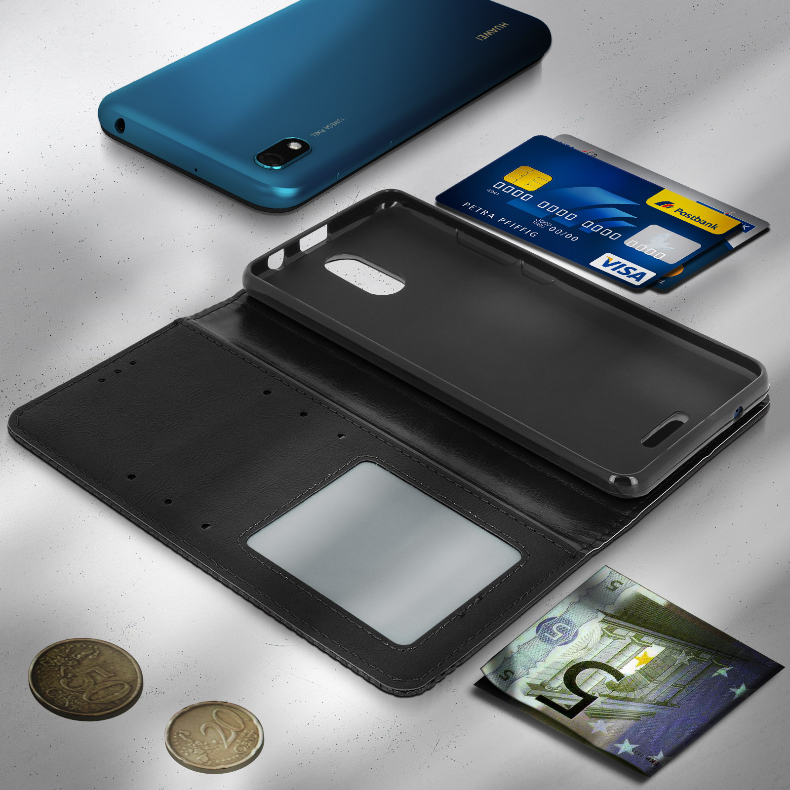 Teléfono azul, cartera negra abierta con tarjeta y billetes. También se ven dos monedas.