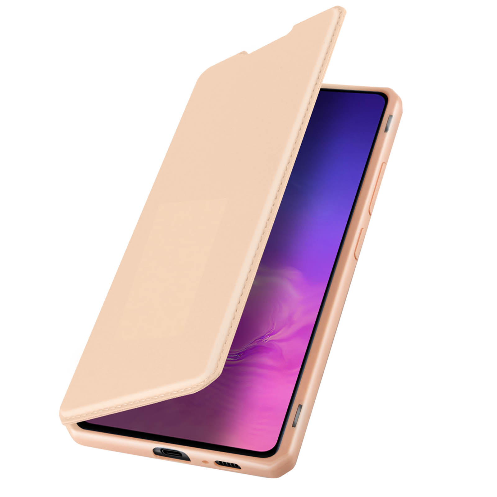 Una custodia per telefono di colore marrone chiaro. La custodia è aperta, con lo schermo del telefono visibile.