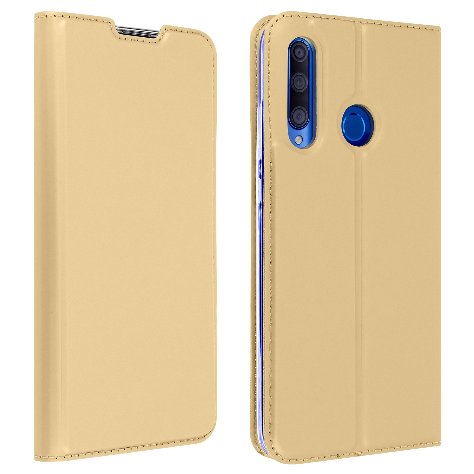 Custodia per telefono beige, aperta a sinistra, che mostra un telefono a destra con fotocamera e pulsante blu.