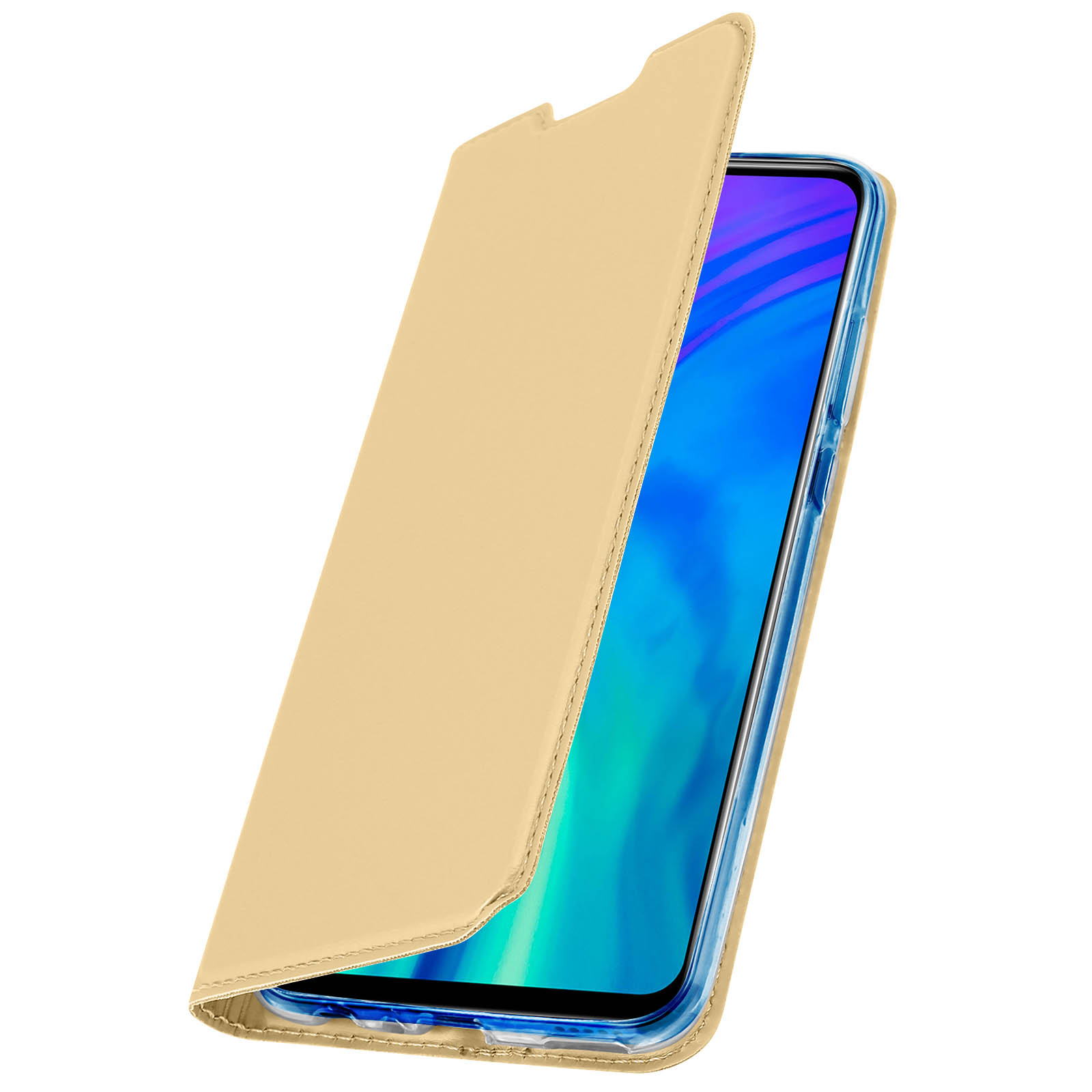 Custodia beige aperta, rivela un telefono con schermo blu. Sfondo bianco.
