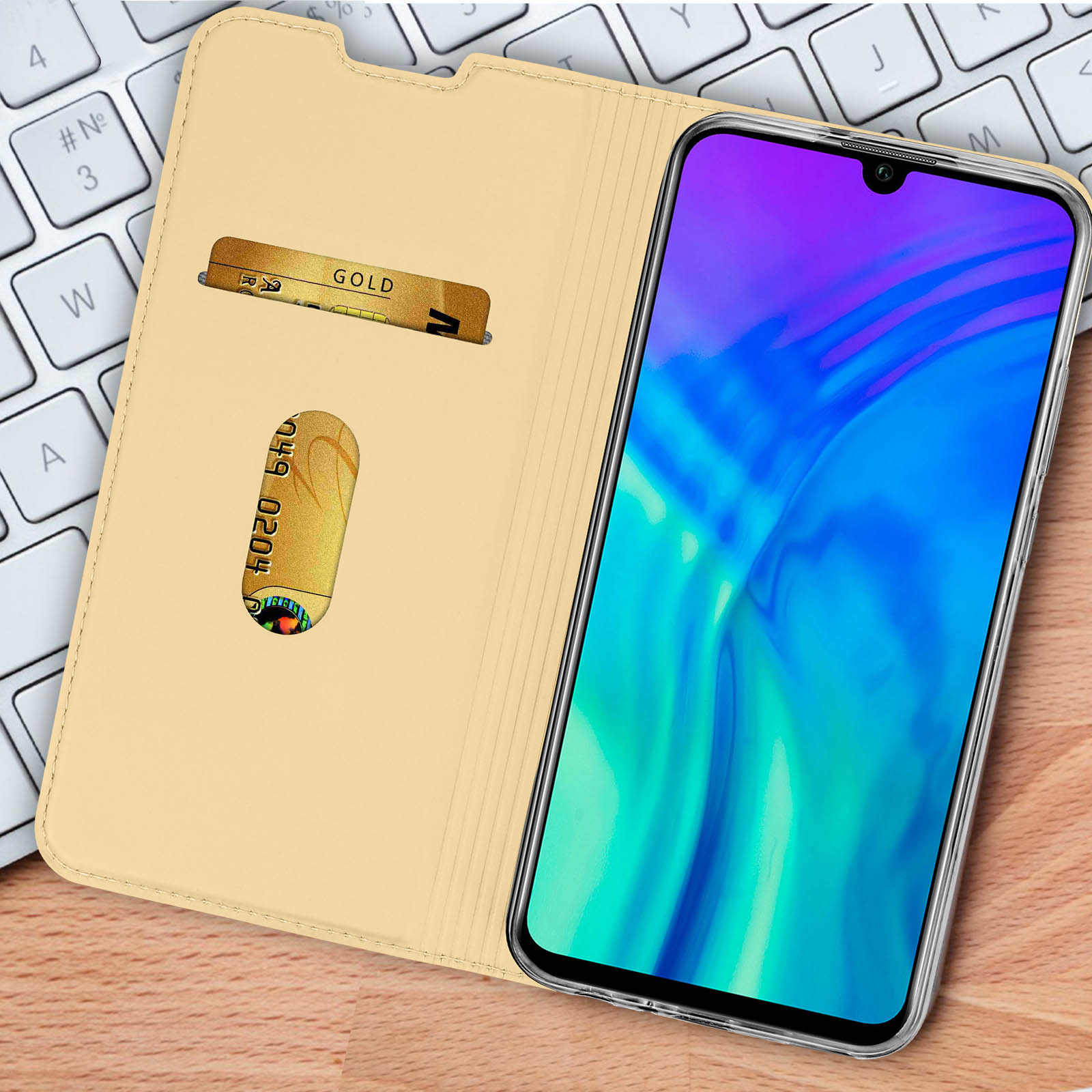 Custodia per telefono aperta con un telefono e una carta di credito in uno slot. Il telefono visualizza uno schermo colorato.