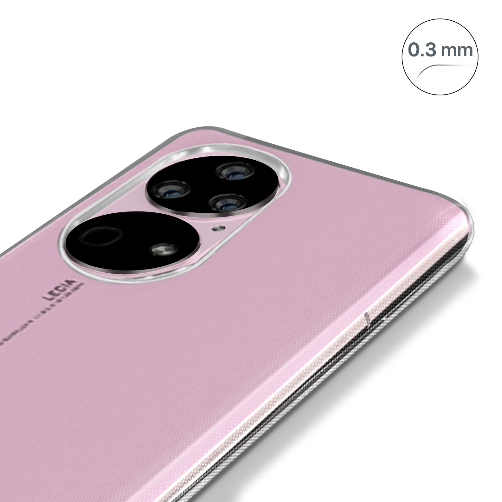 Ein pinkes Telefon mit einer transparenten Hülle. Die Hülle ist dünn, glatt und hat eine Kameraausbuchtung.