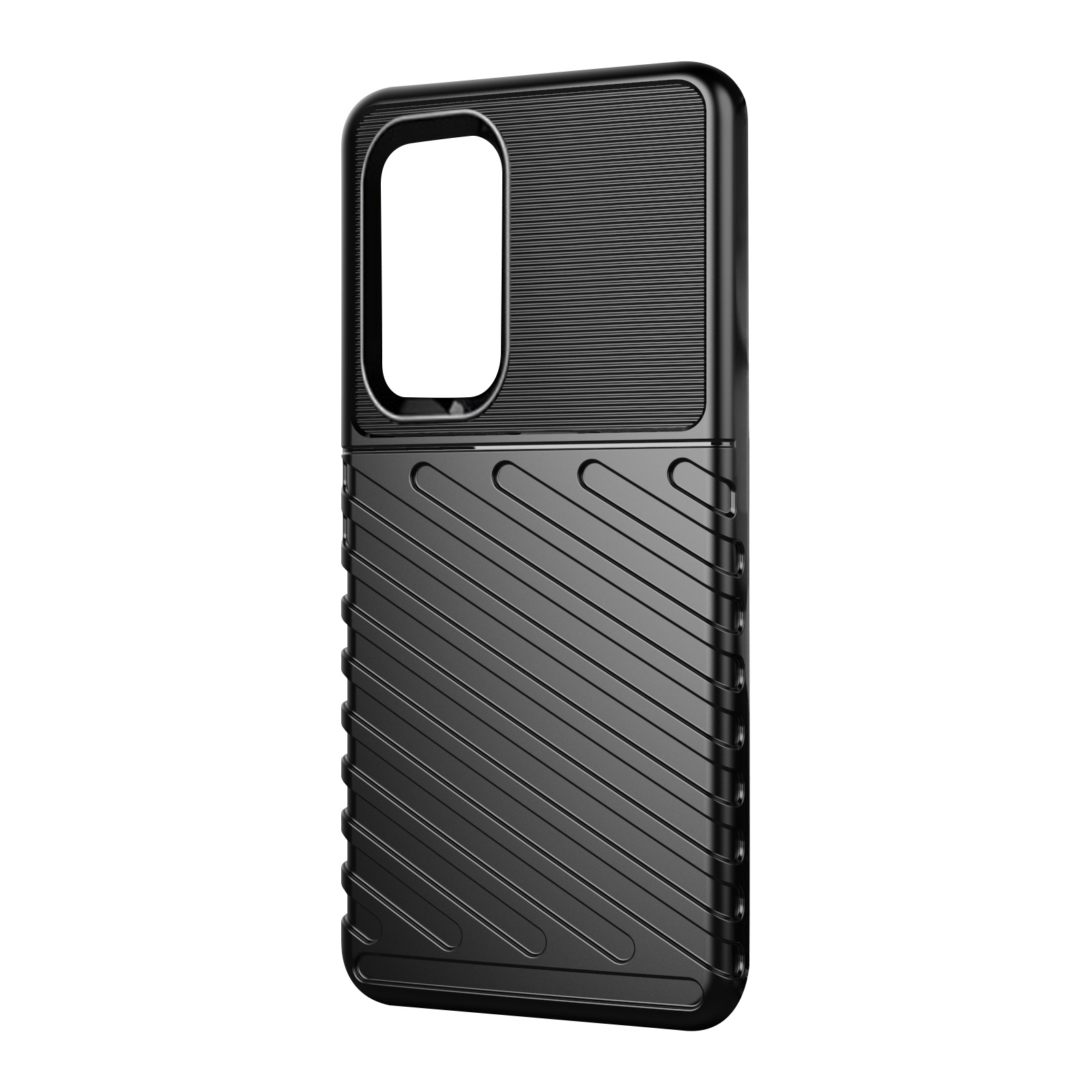 Custodia per telefono nera con un design strutturato. Caratterizzata da un ritaglio per la fotocamera.