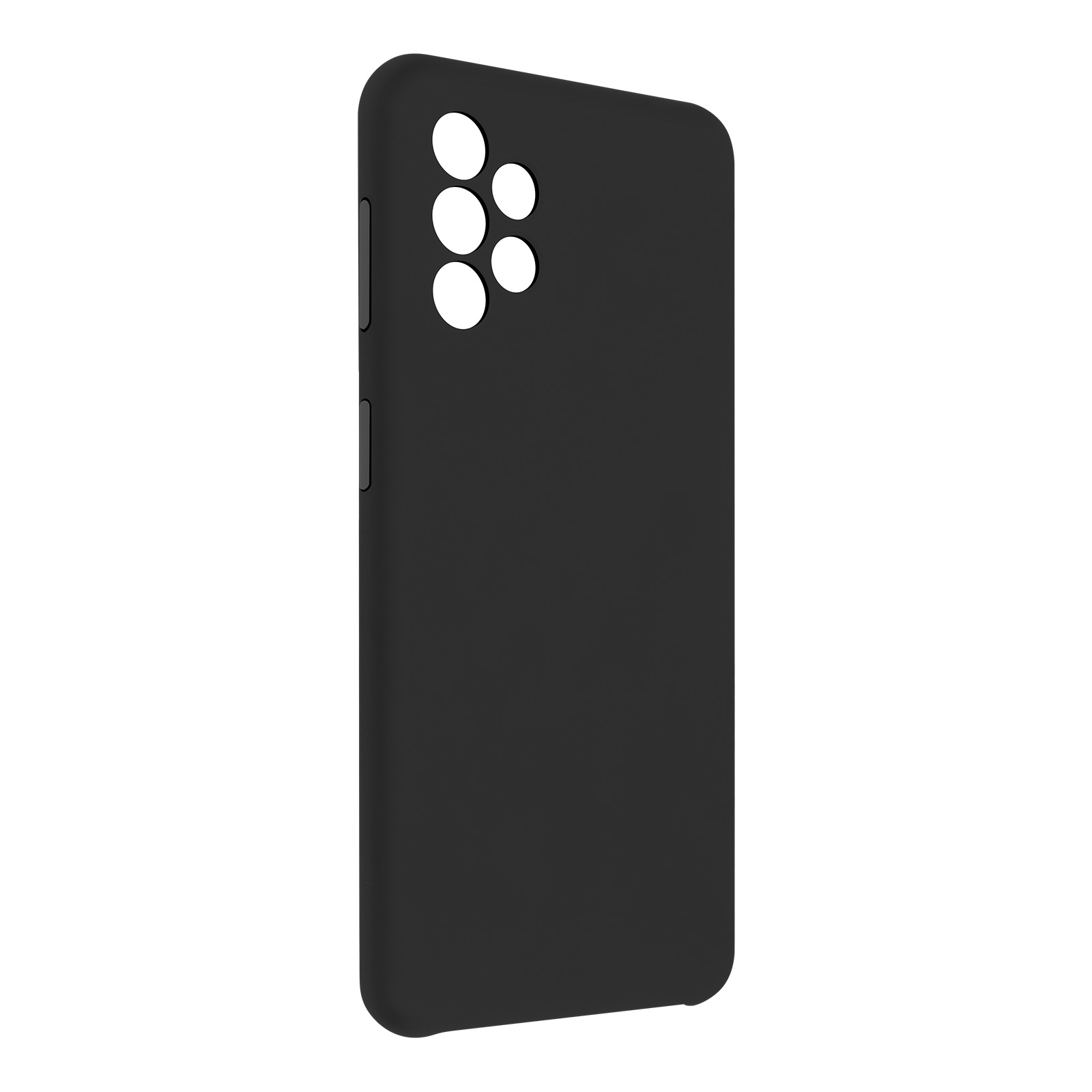 Una custodia per telefono nera. La custodia ha 6 fori per la fotocamera. Lo sfondo è bianco.
