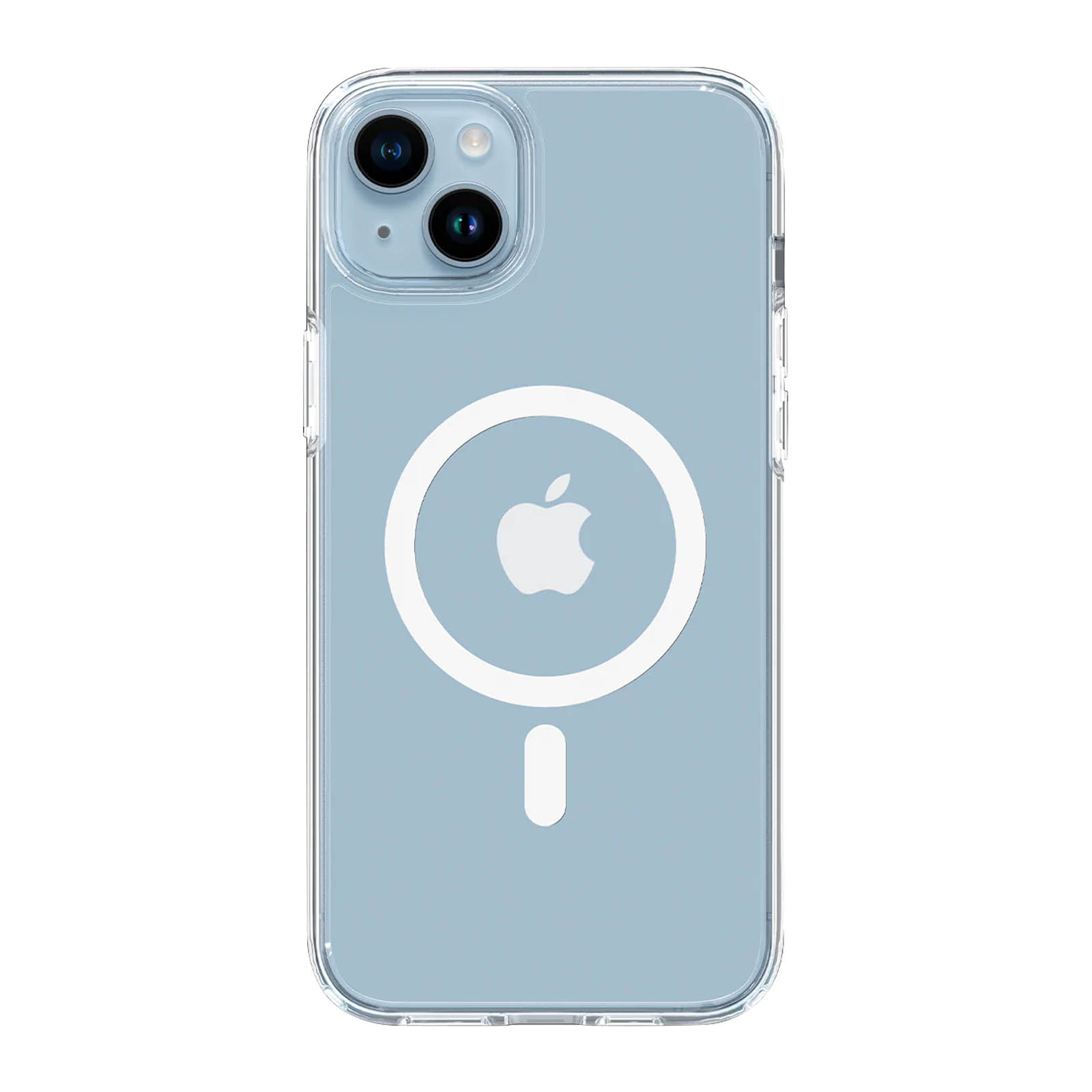 Een transparante telefoonhoes met een blauwe achterkant en een Apple-logo. De hoes bedekt de camera van de telefoon.