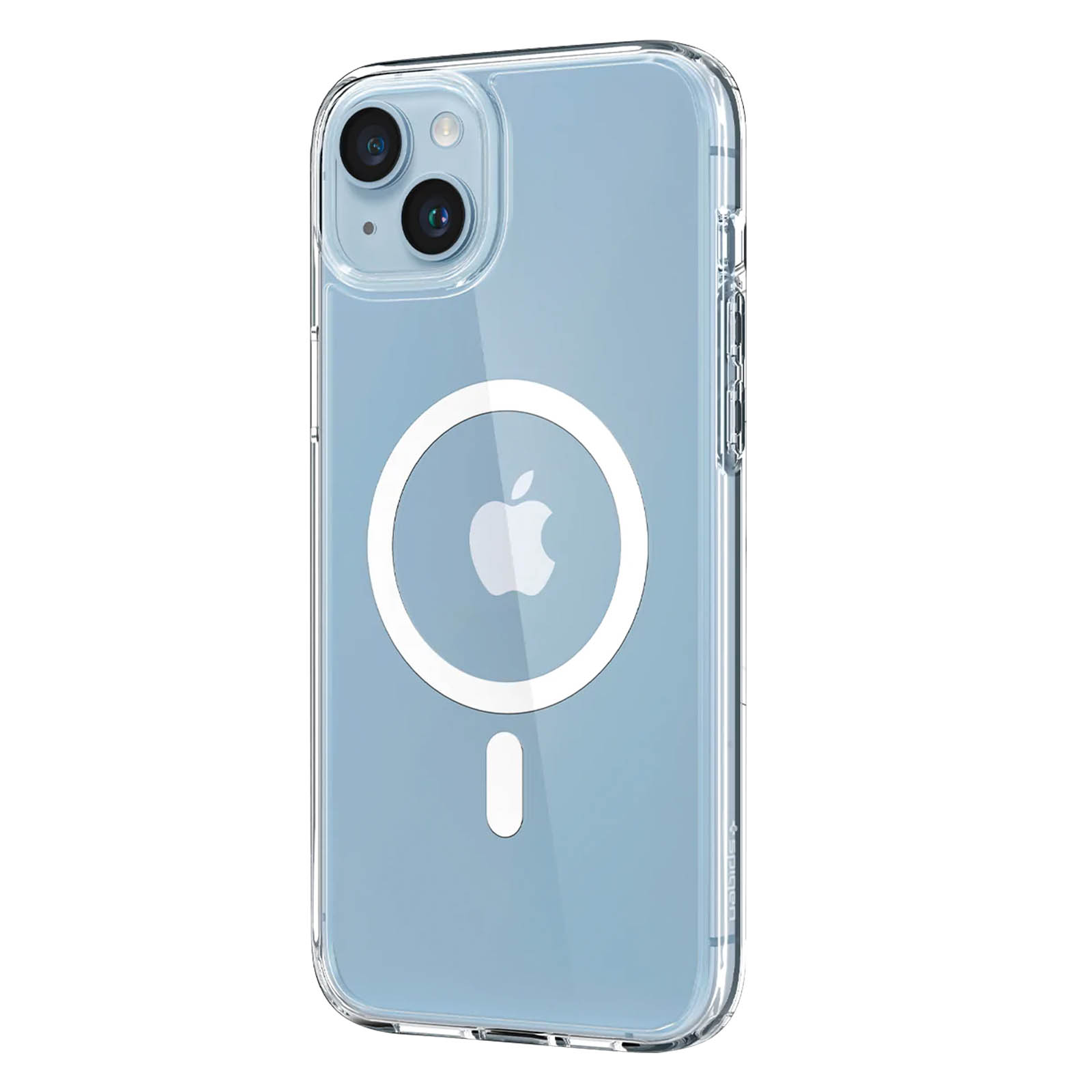 Une coque de téléphone transparente avec le logo Apple blanc au dos, posée sur une surface bleu clair.