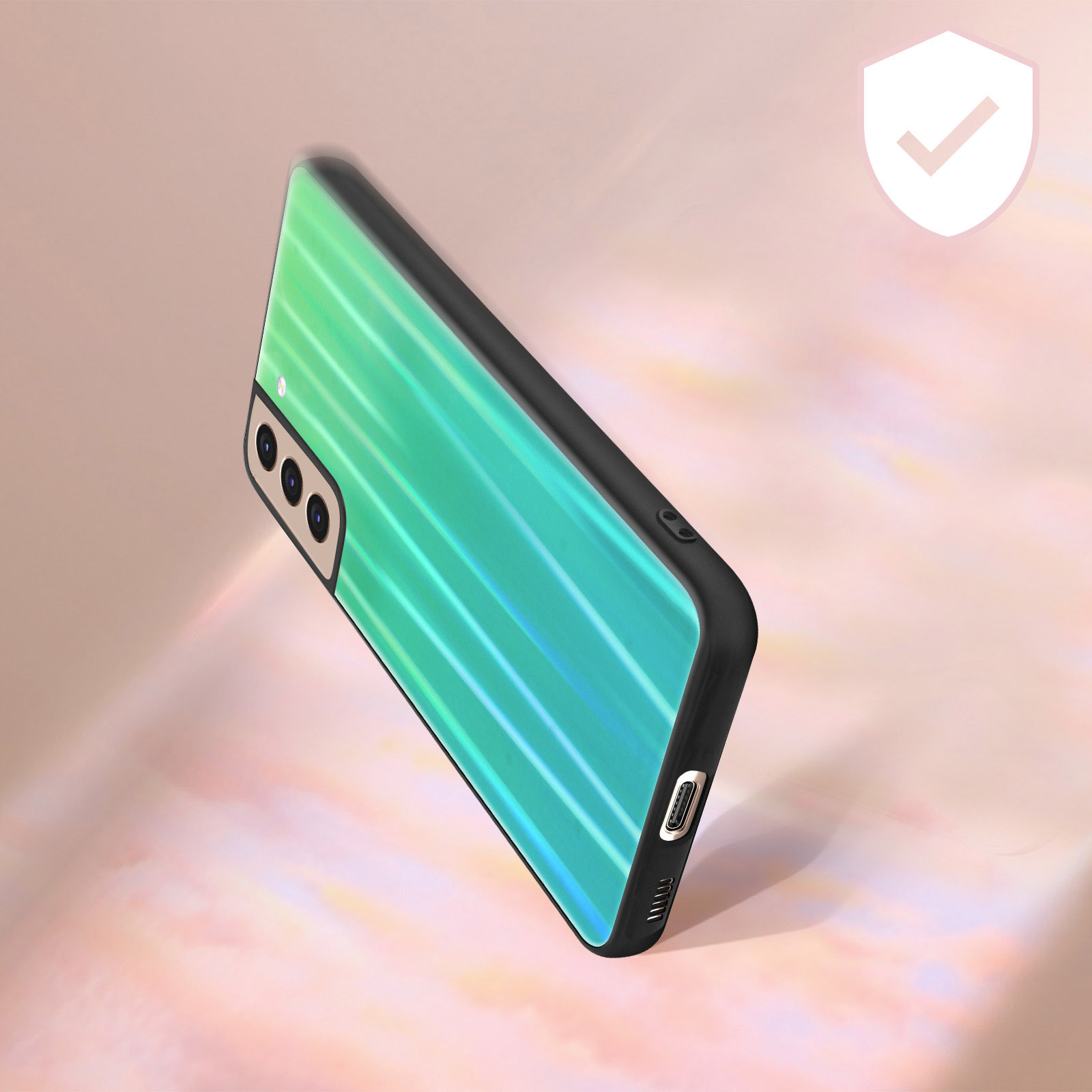Ein Telefon in einer grün-blauen Hülle mit einem Häkchen-Symbol rechts.