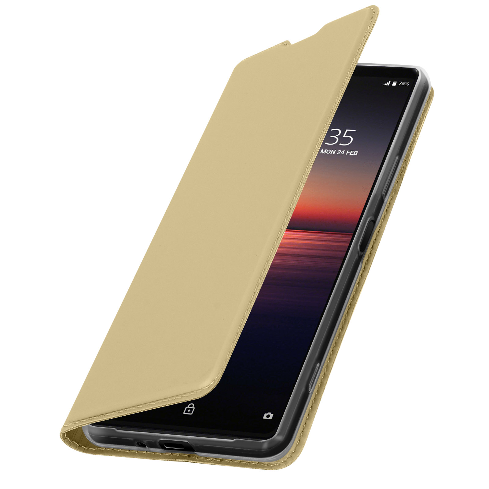Beige Handyhülle, geöffnet. Smartphone-Bildschirm sichtbar, zeigt Datum und Uhrzeit. Weißer Hintergrund.