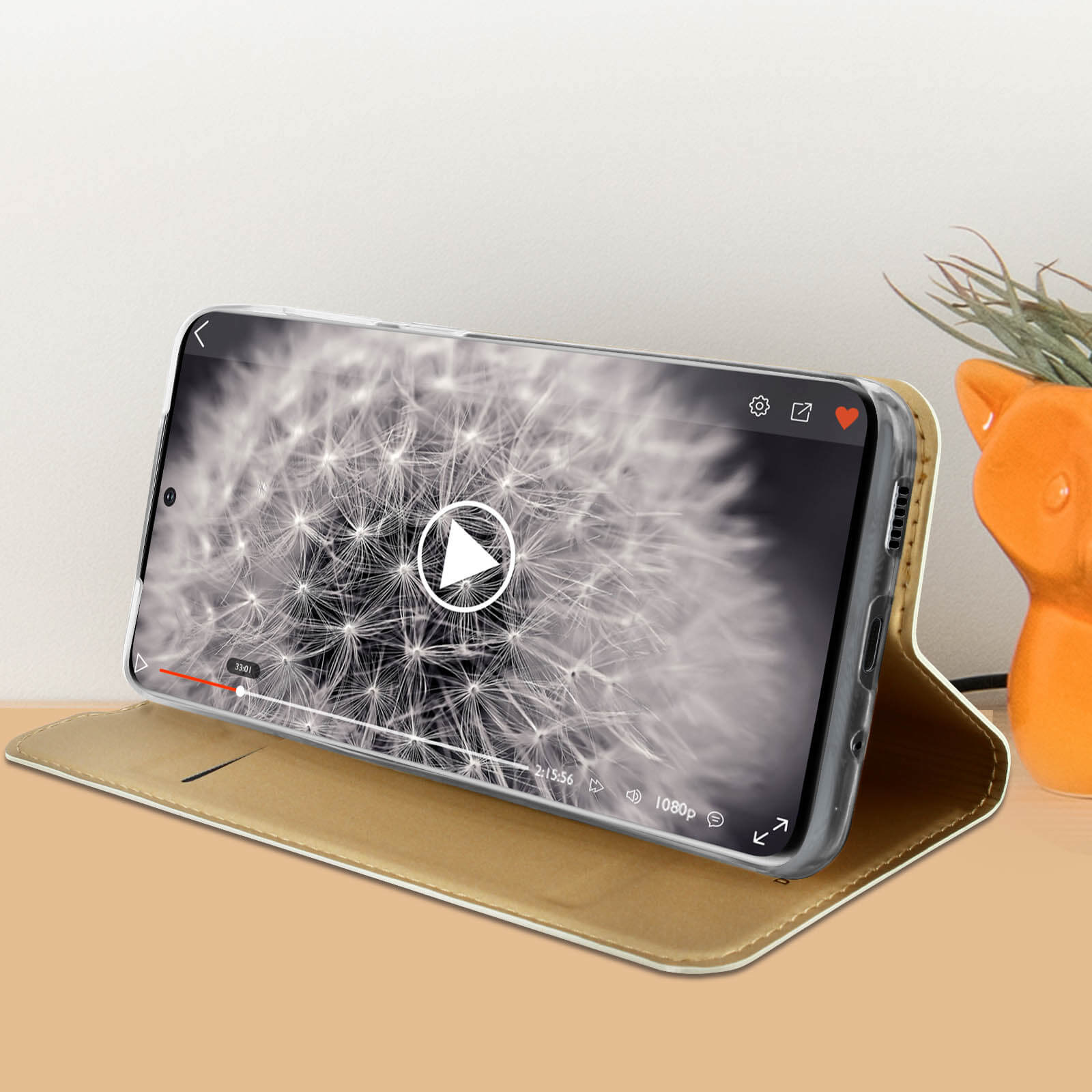 Telefon zeigt Video, in einer Hülle, auf Tisch, Pflanze im Hintergrund.