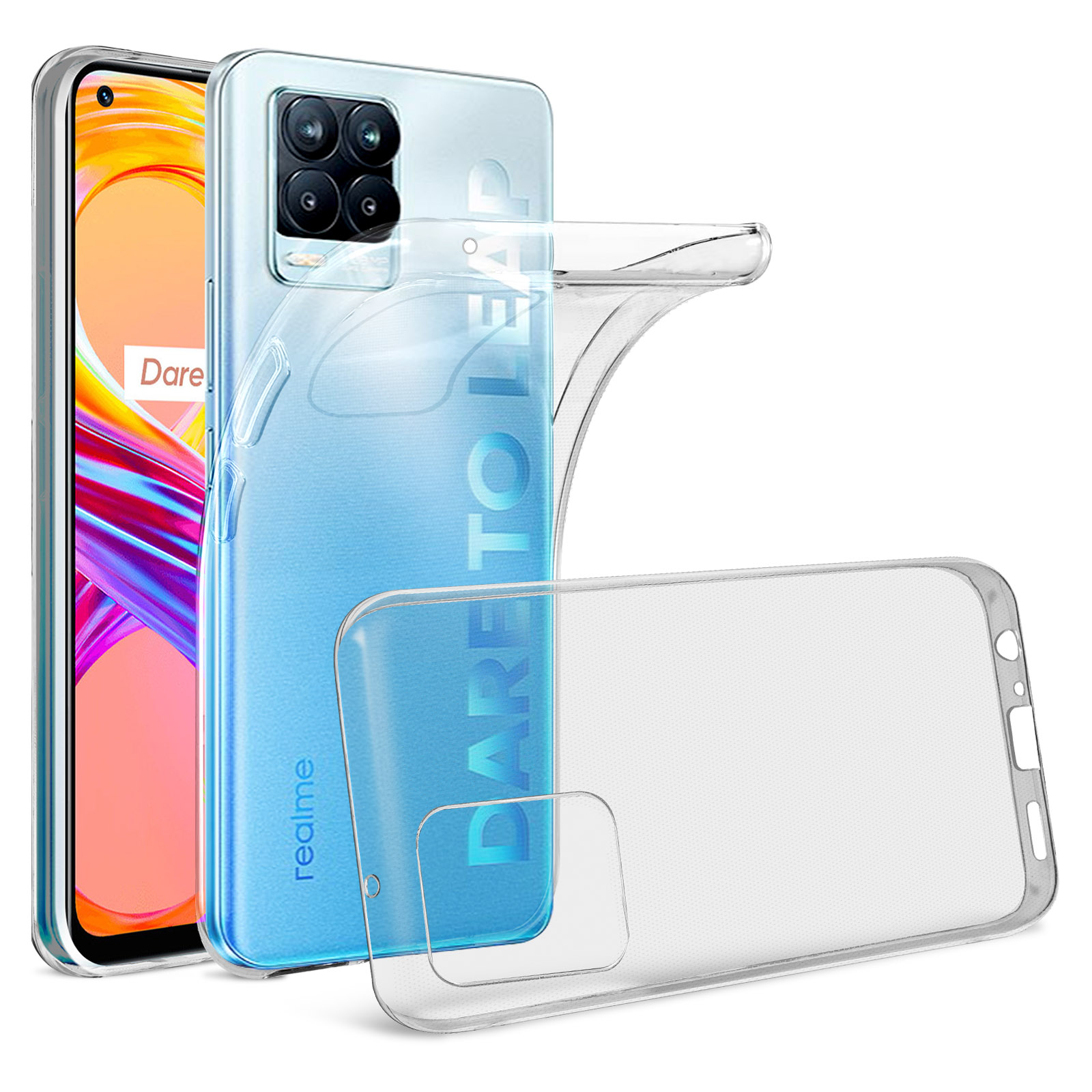 Custodia trasparente su un telefono con retro a sfumatura blu.