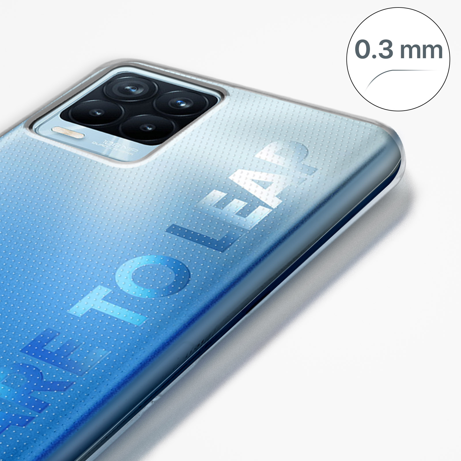Un telefono con retro sfumato blu e custodia nera. Le parole 'RE TO LEAP' sono sul retro.