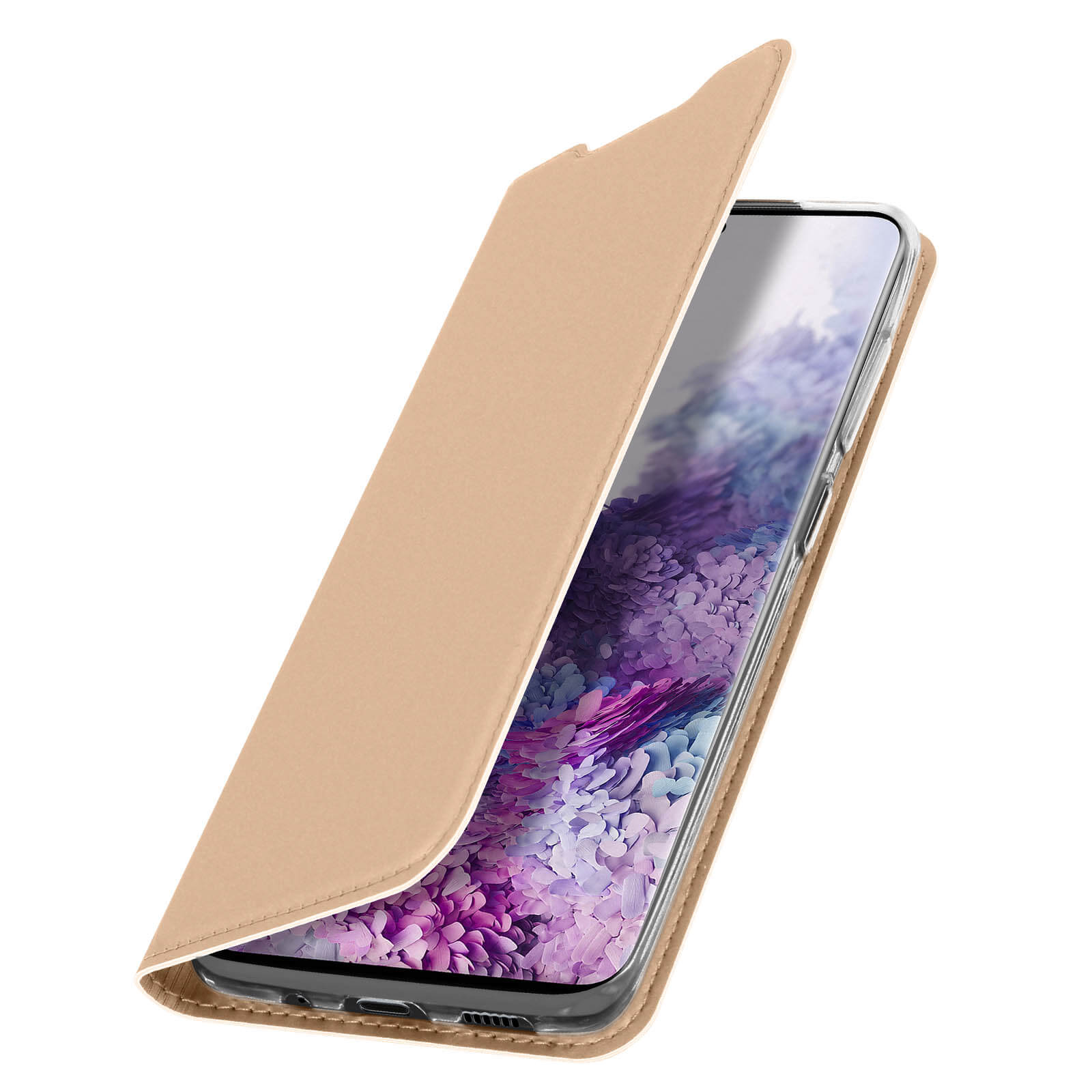 Ein Telefon befindet sich in einer beigen Hülle, der Deckel ist geöffnet und gibt den Bildschirm frei.