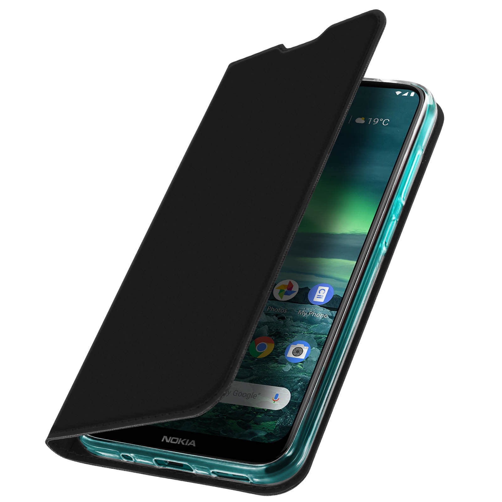Telefono Nokia in custodia nera. La custodia è aperta, mostrando lo schermo del telefono.