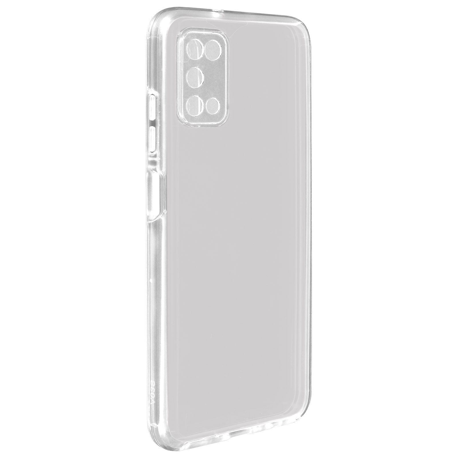 Una custodia trasparente per telefono. È trasparente, mostrando i dettagli della fotocamera posteriore e dei pulsanti.