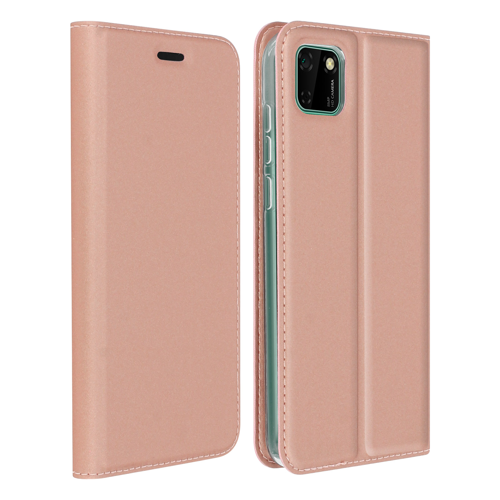 Custodia per telefono, oro rosa, aperta, con ritaglio per la fotocamera. Il telefono è a destra.