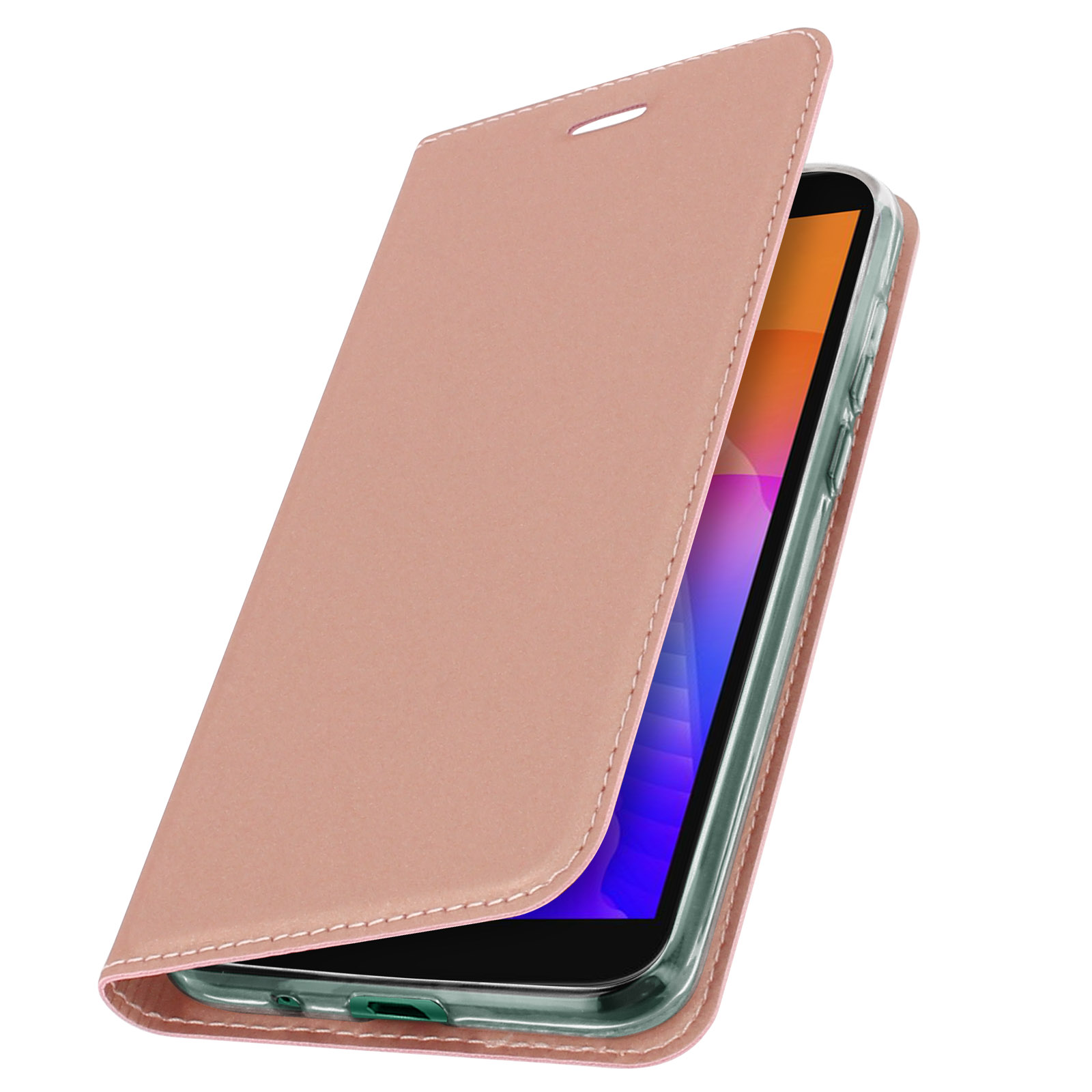 Custodia rosa per telefono aperta, rivelando un telefono. La custodia ha una trama liscia.