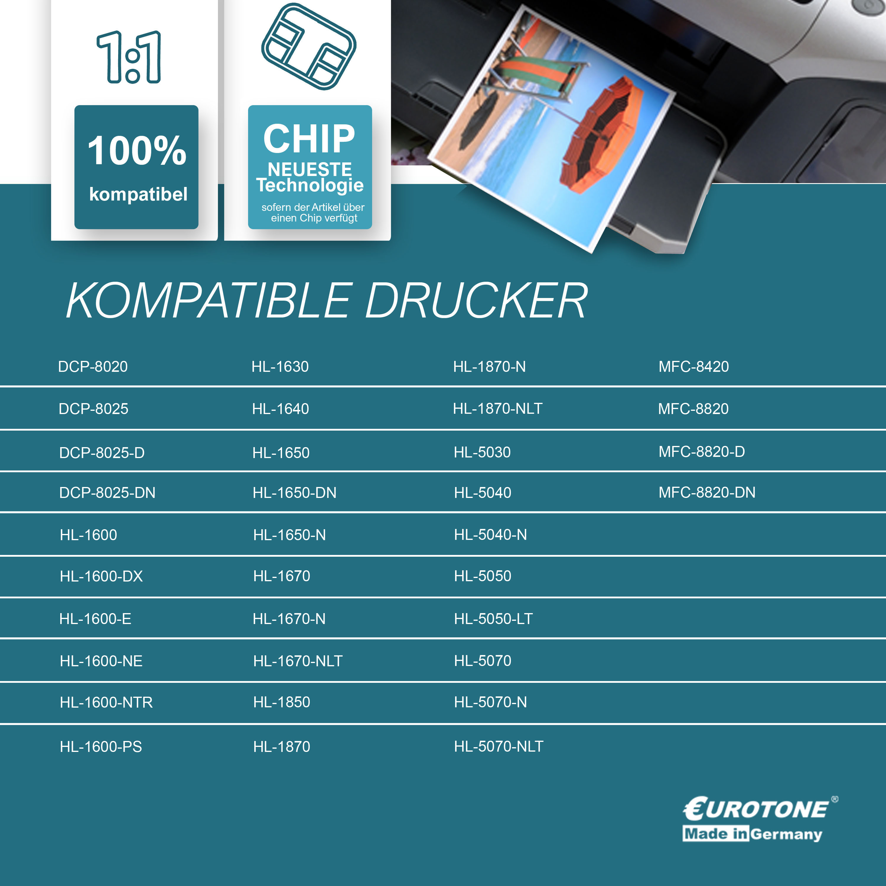 Bild zeigt Druckermodelle. Text enthält 100% Kompatibilität und Chip-Technologie.