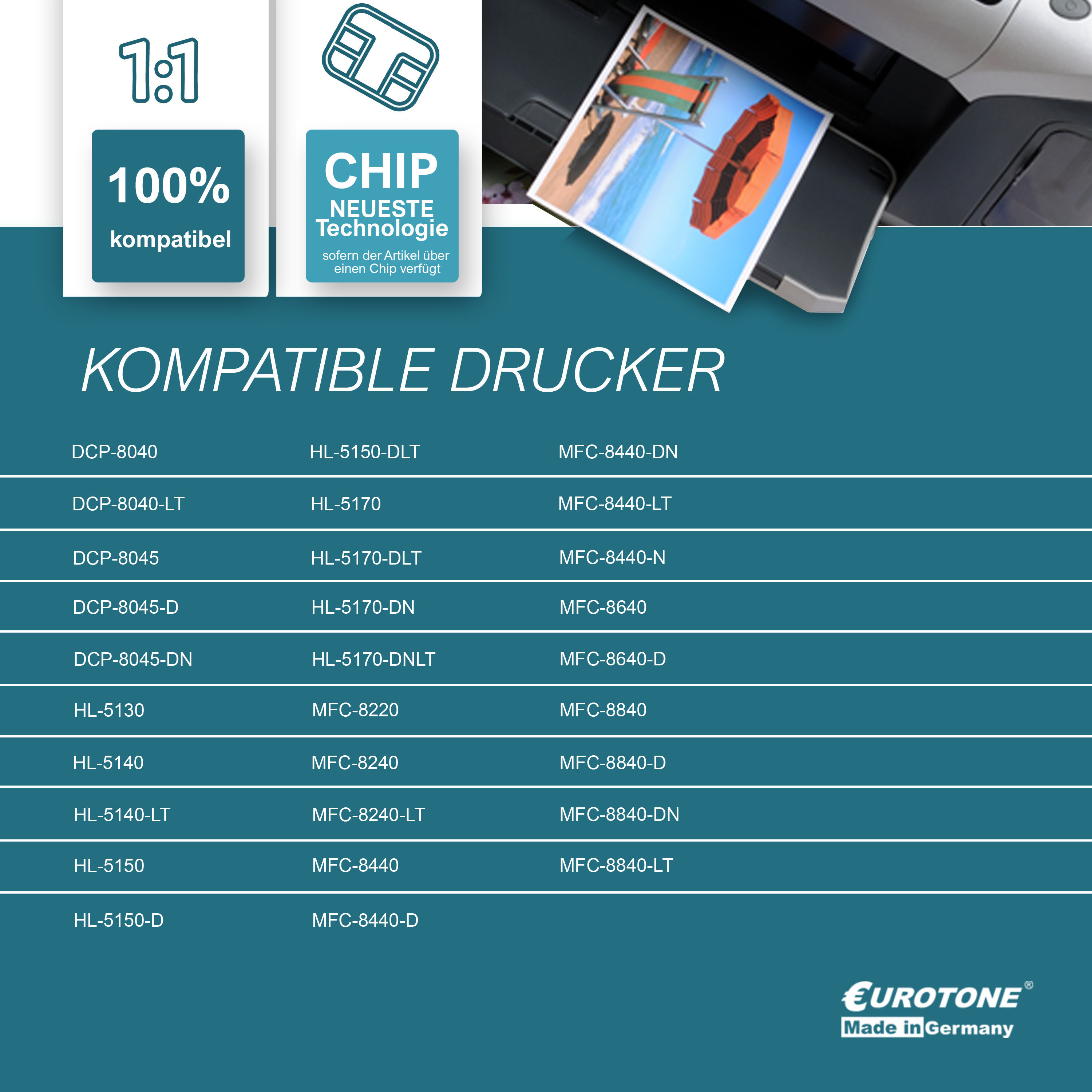 Drucker mit einem Ausdruck eines Regenschirms. Unten sind kompatible Druckermodelle und eine Chip-Grafik.
