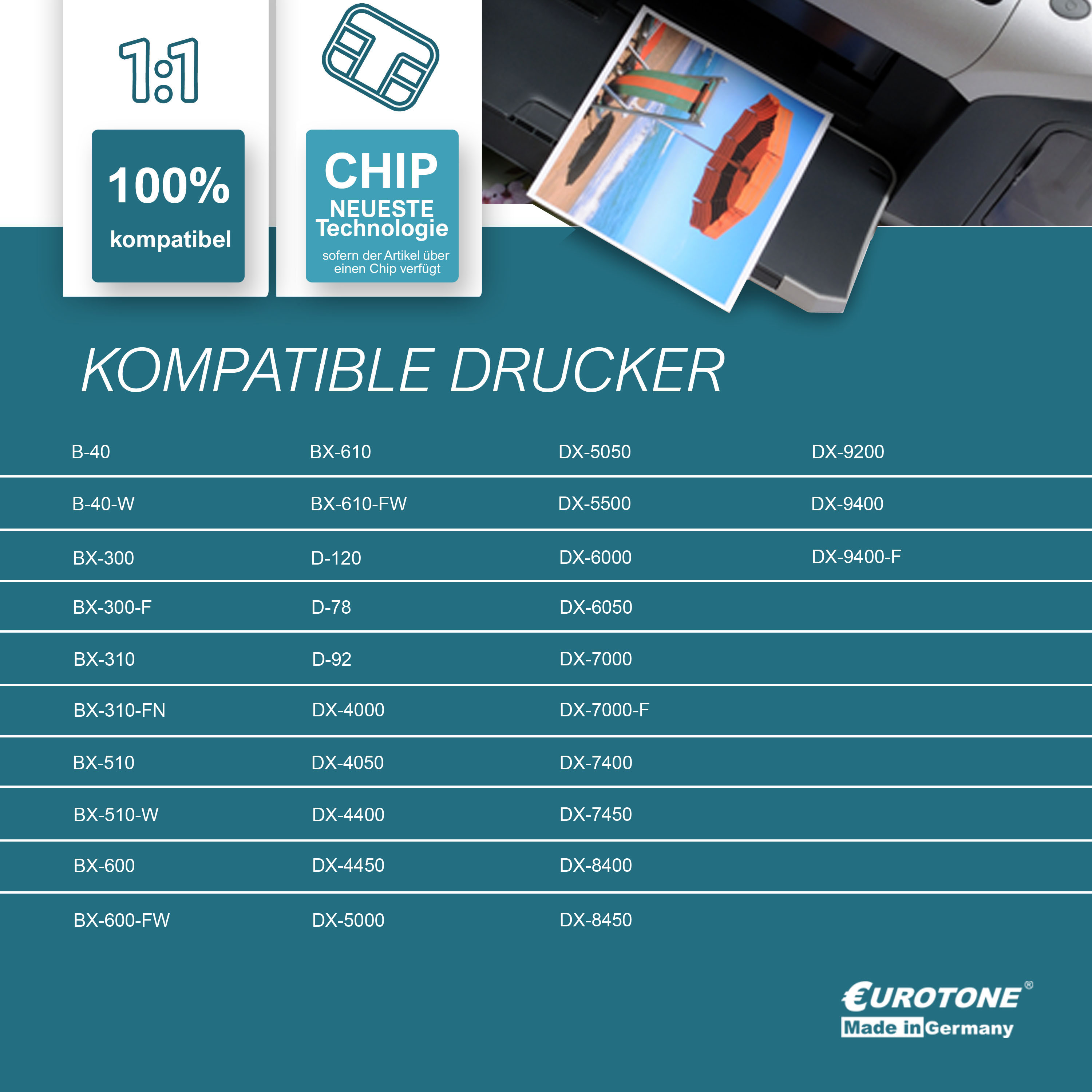 Bild mit Drucker und kompatiblen Patronen mit dem Text 'KOMPATIBLE DRUCKER'.