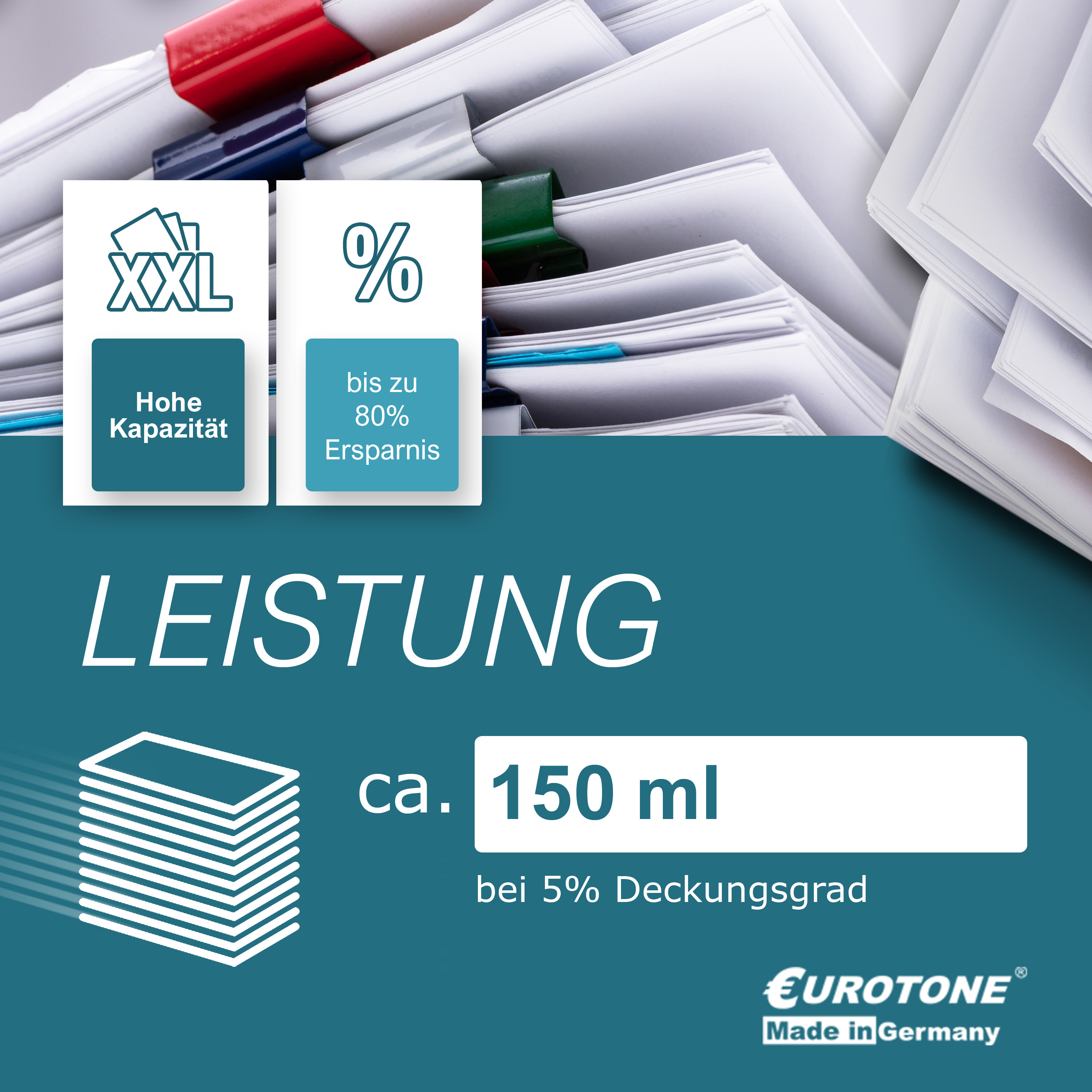 Grafik mit Text über XXL-Kapazität und 80 % Ersparnis. Gestapeltes Papier und blauer Hintergrund.