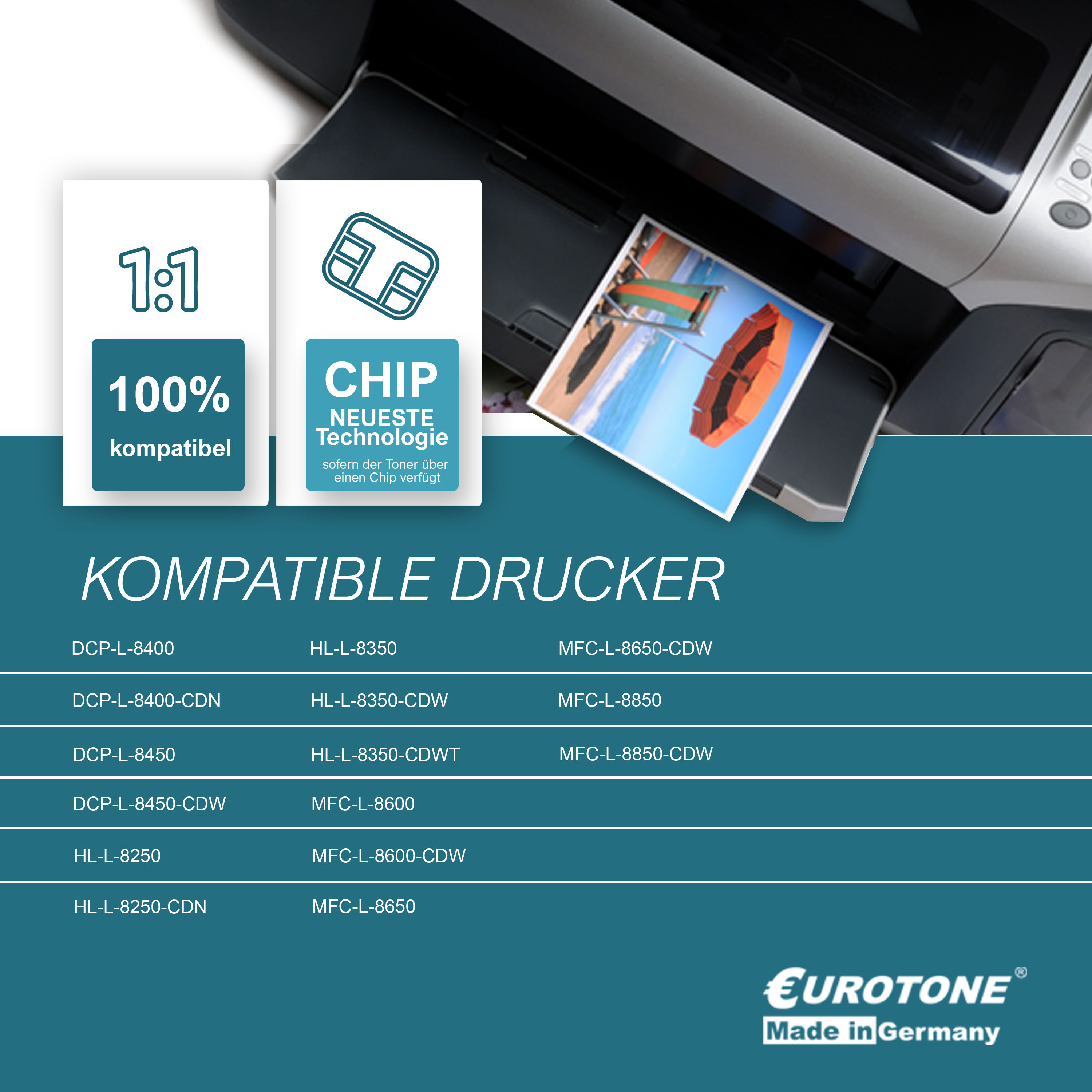 Drucker mit Strandbild. Text listet kompatible Drucker.