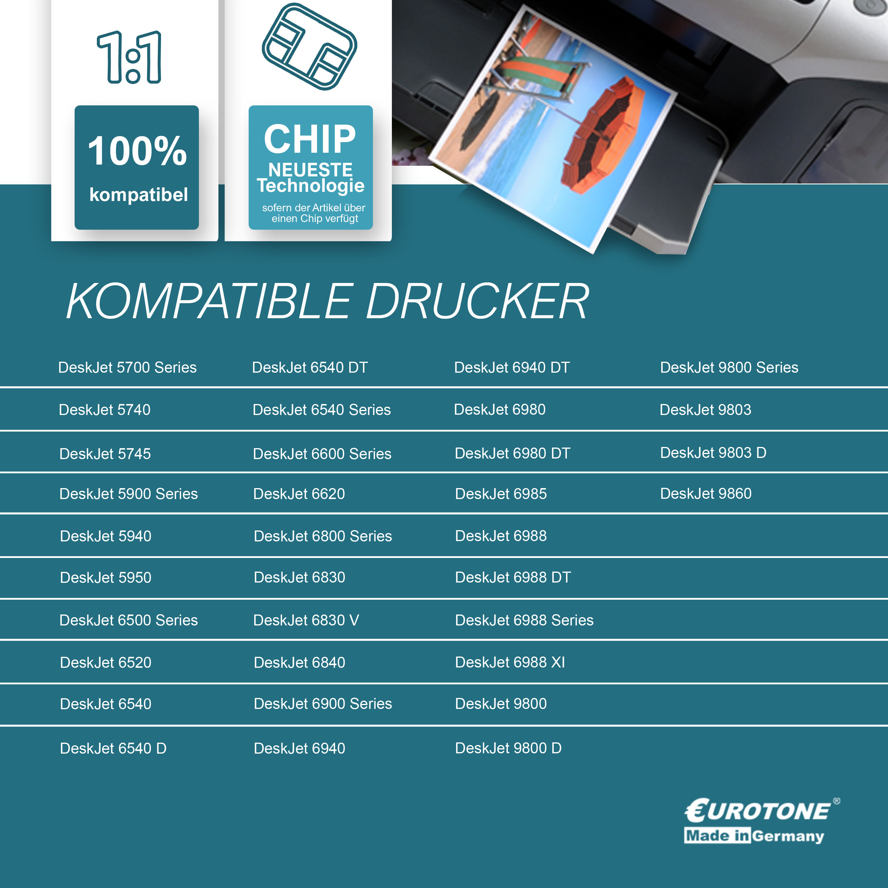Das Bild zeigt eine Liste kompatibler DeskJet-Drucker mit dem Eurotone-Logo unten.