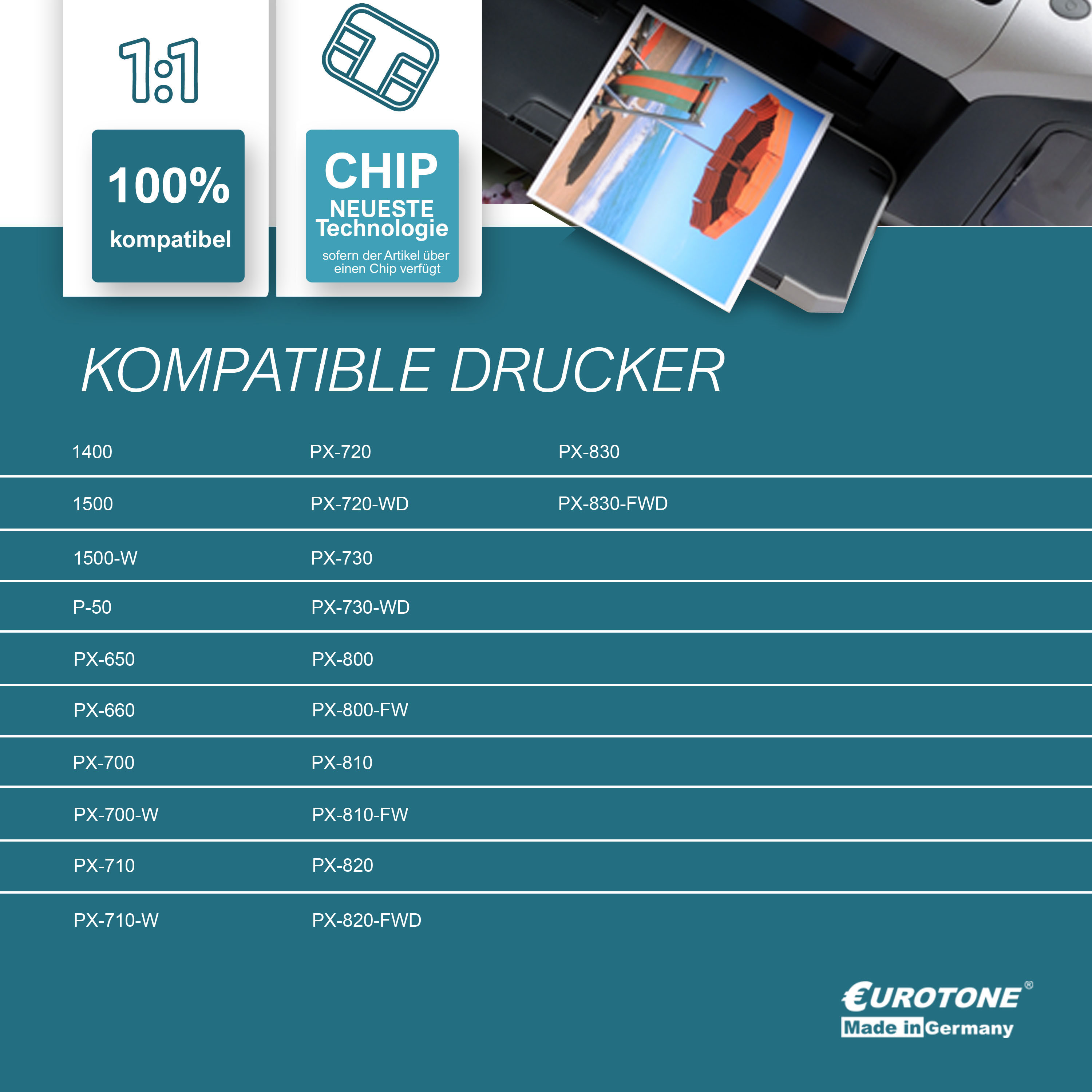 Ein Drucker und eine Tabelle kompatibler Drucker werden mit einem gedruckten Bild gezeigt.