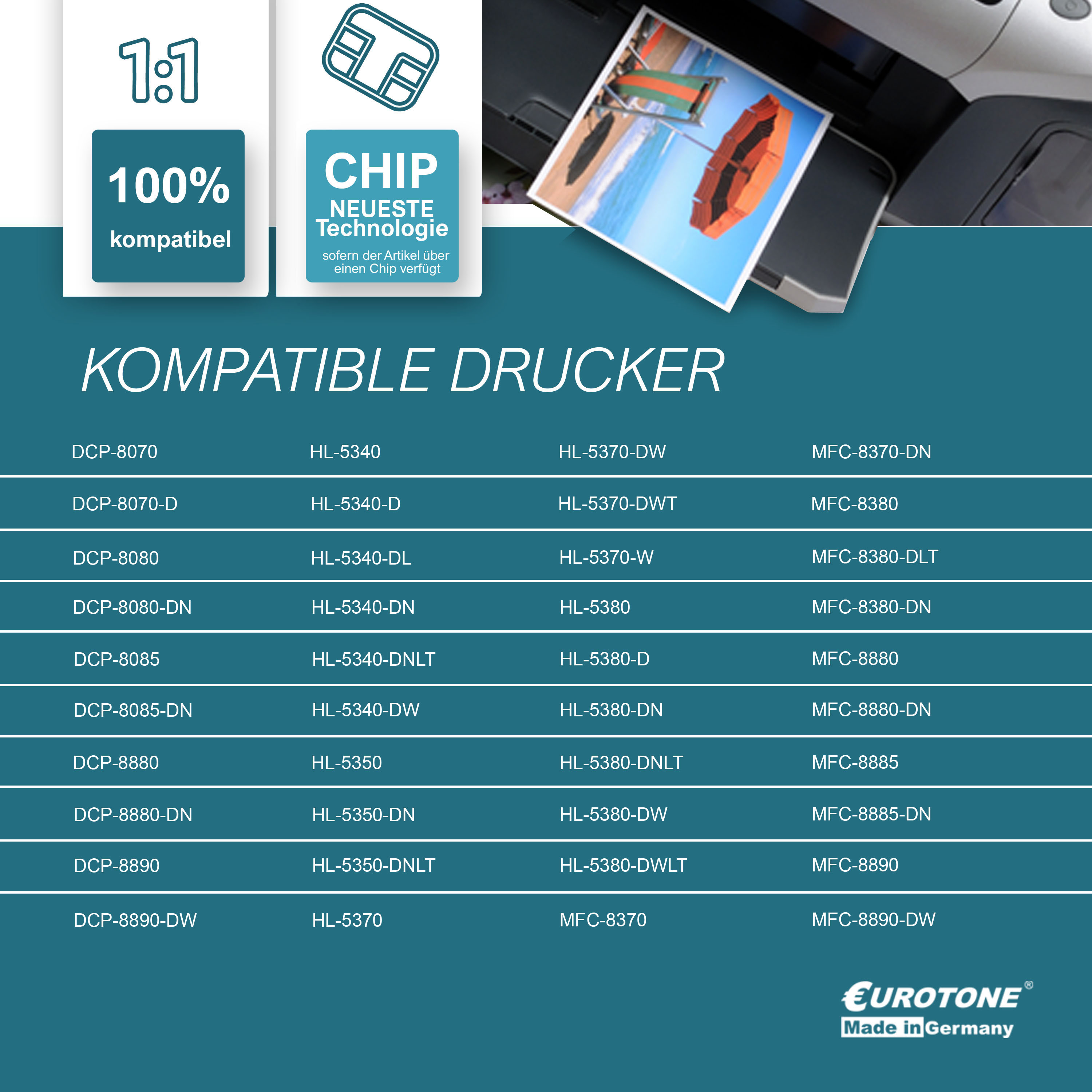 Ein Drucker und eine Tabelle kompatibler Drucker werden mit einem gedruckten Bild gezeigt.