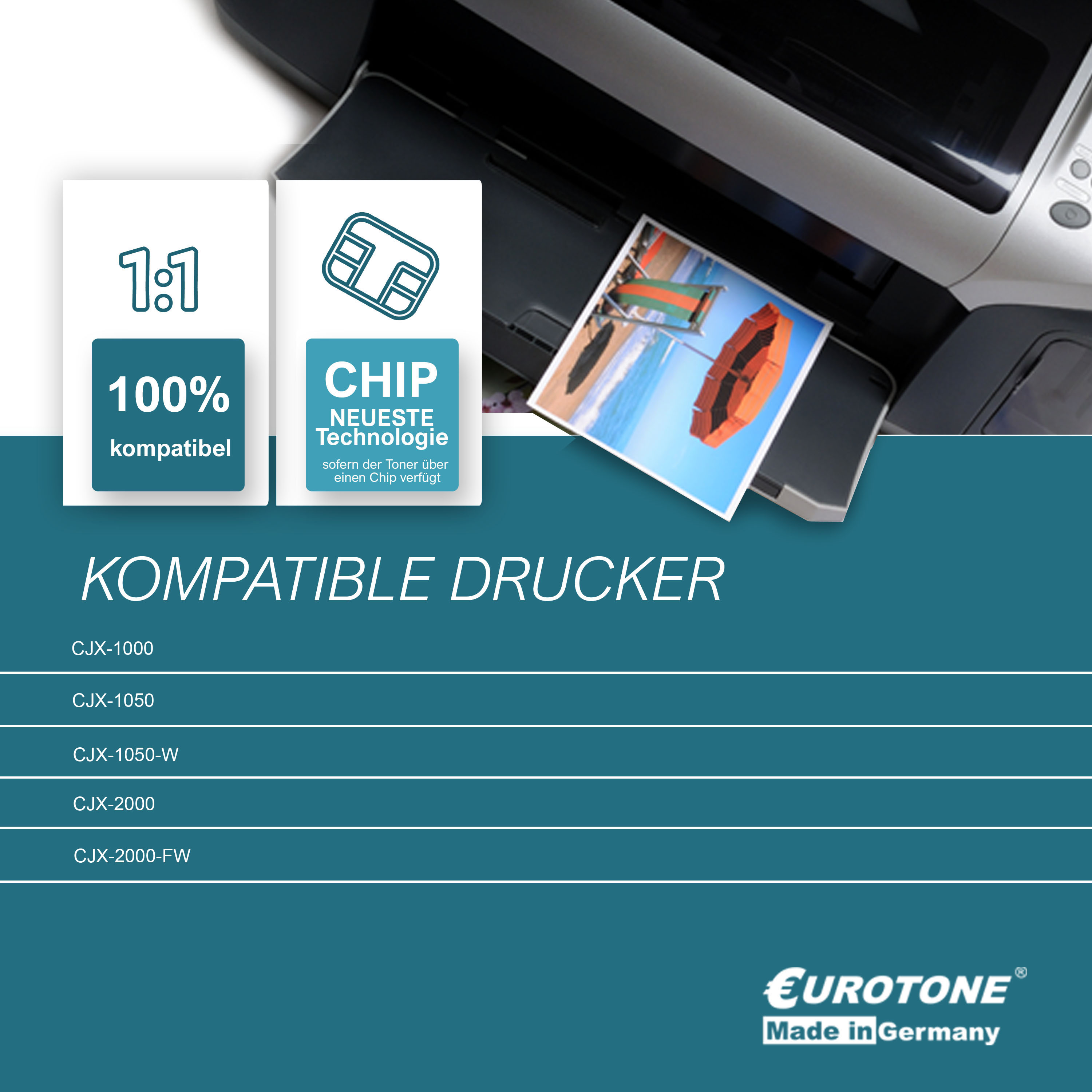 Drucker mit Foto eines Sonnenschirms. Symbole für 100% kompatibel und Chip-Technologie.