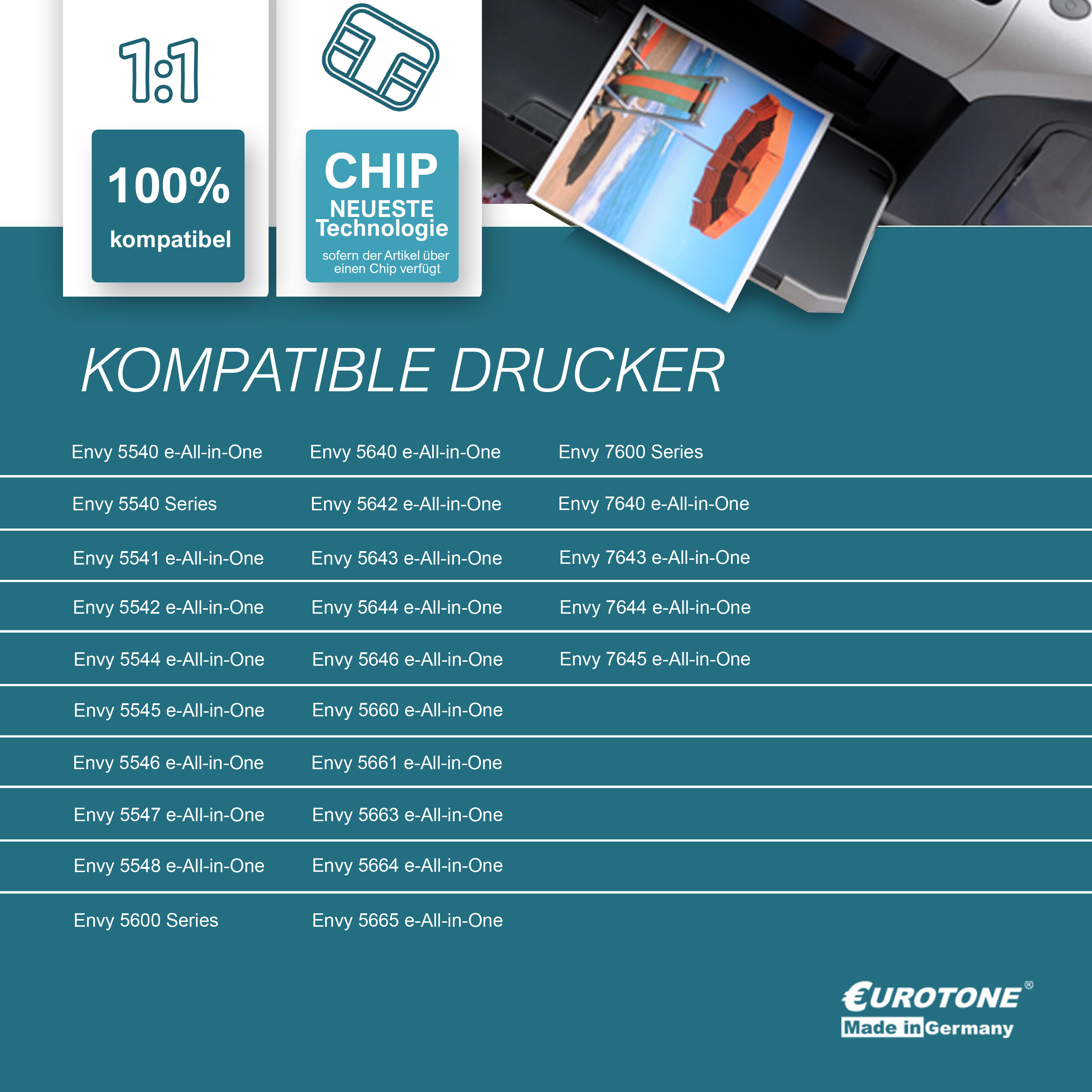 Drucker und gedruckte Seite. Text: Kompatible Drucker, 100 % kompatibel und Chip-Technologie.
