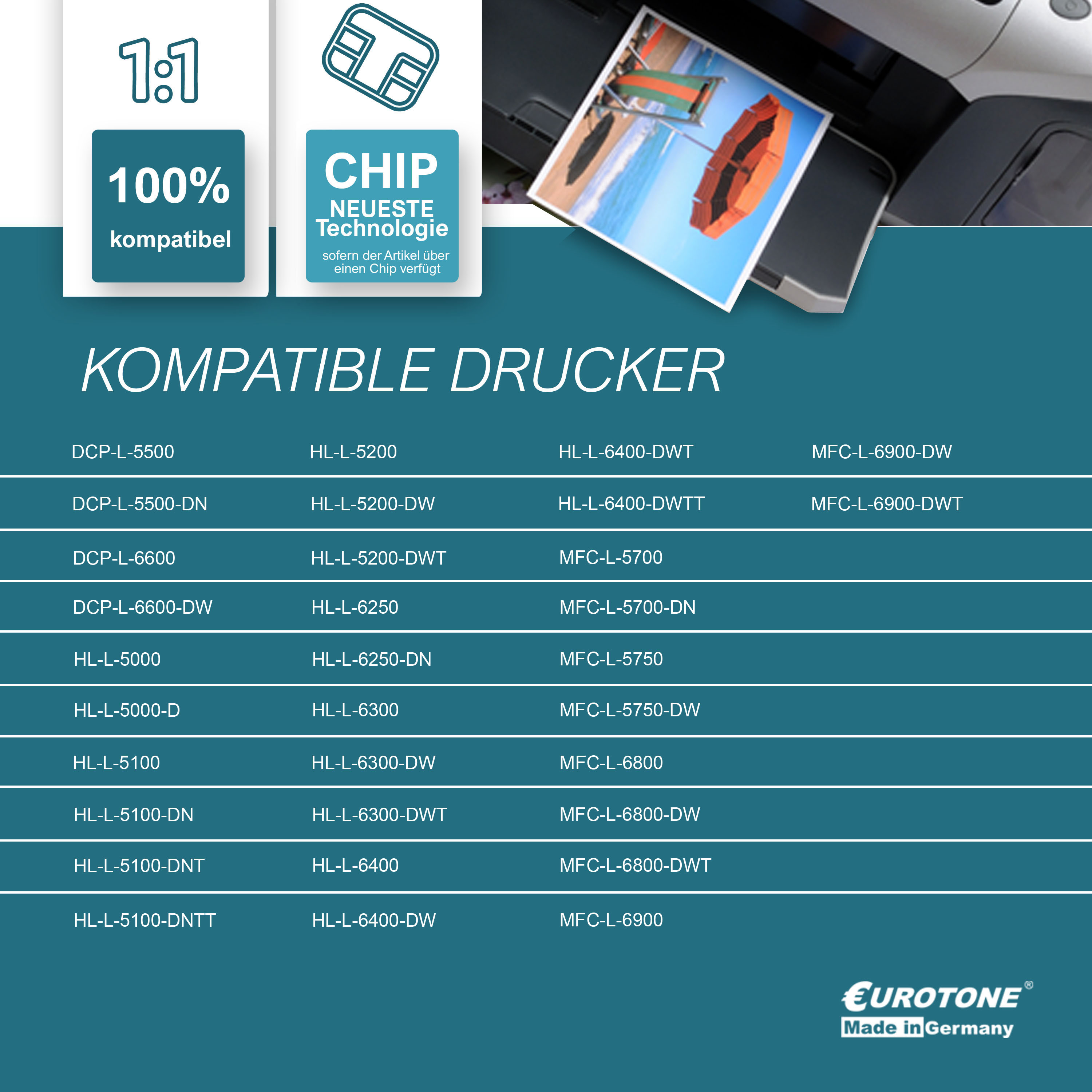 Das Bild zeigt einen Drucker und eine Liste kompatibler Drucker mit Text über das Produkt.